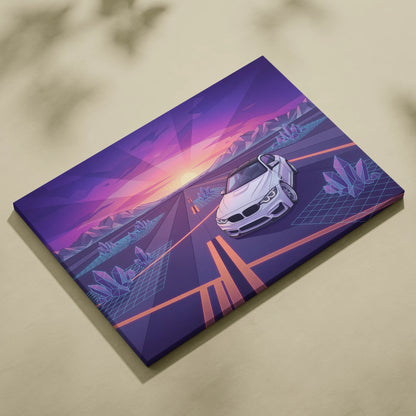 BMW M4 Inspired Neon Sunset Vaporwave Canvas Art - Automotive Art Neon Pink Purple Living Room Vaporwave Wall Art