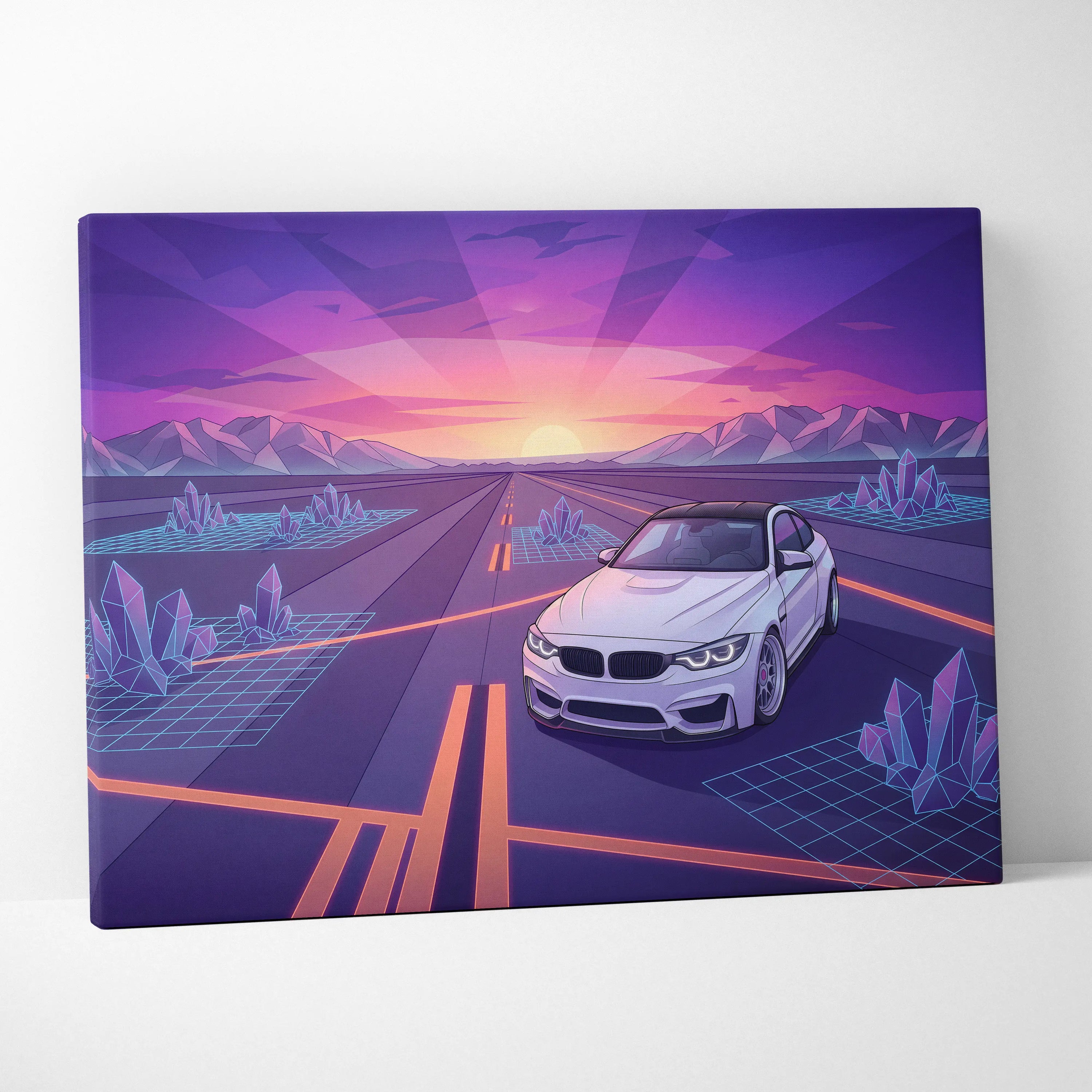 BMW M4 Inspired Neon Sunset Vaporwave Canvas Art - Automotive Art Neon Pink Purple Living Room Vaporwave Wall Art