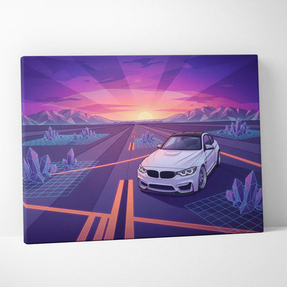 BMW M4 Inspired Neon Sunset Vaporwave Canvas Art - Automotive Art Neon Pink Purple Living Room Vaporwave Wall Art