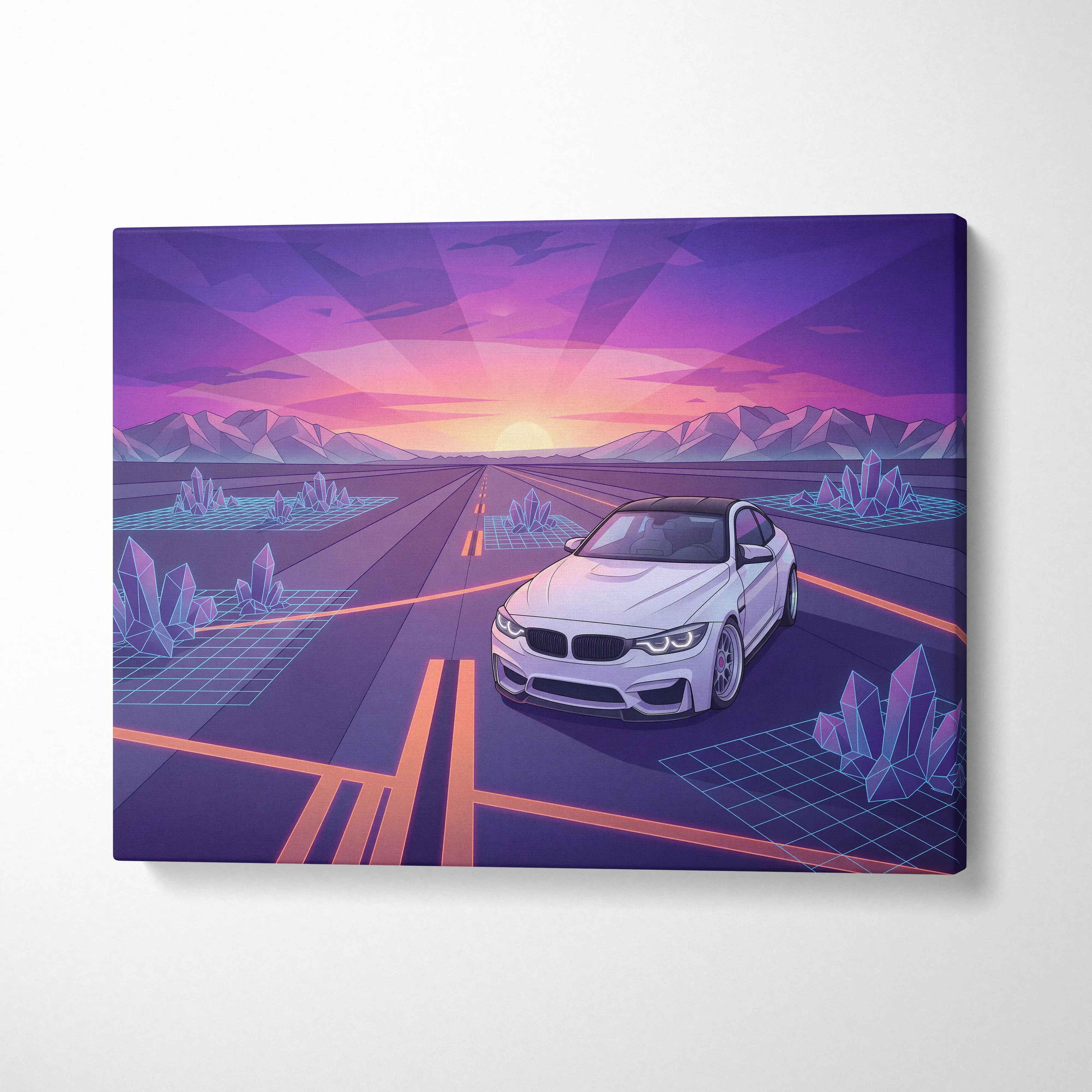 BMW M4 Inspired Neon Sunset Vaporwave Canvas Art - Automotive Art Neon Pink Purple Living Room Vaporwave Wall Art
