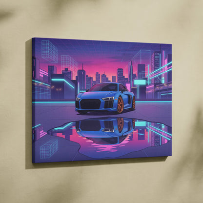 Audi R8 Inspired Neon Vapor City Car Art - Car Art Blue Pink Purple Living Room Decor Vaporwave