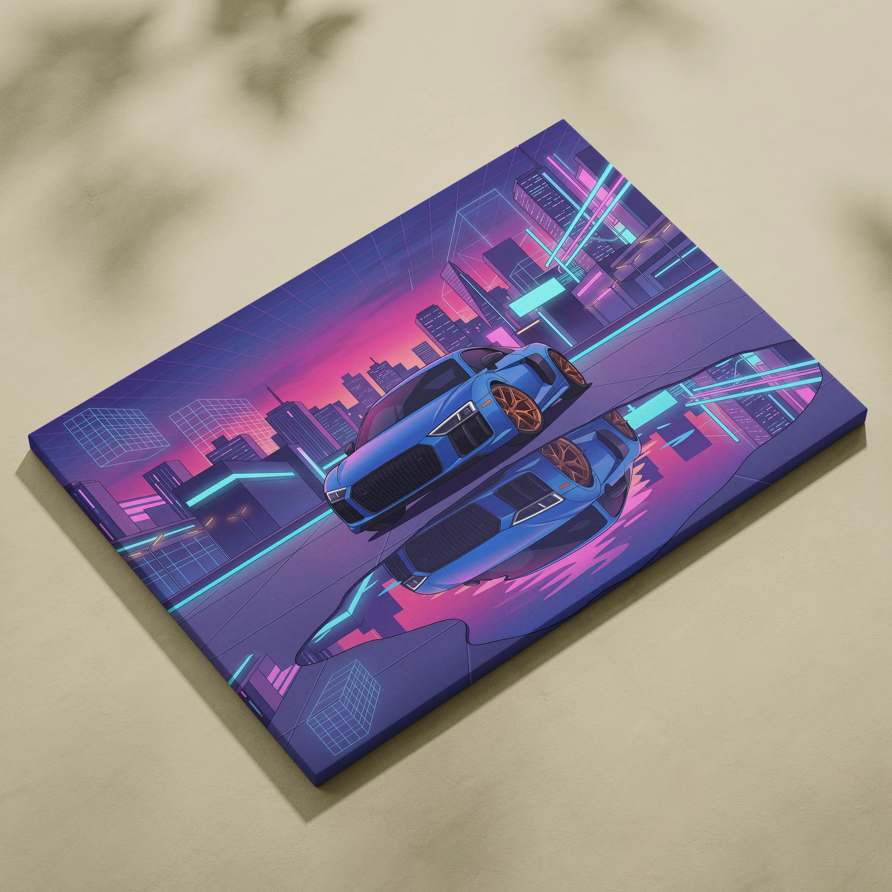 Audi R8 Inspired Neon Vapor City Car Art - Car Art Blue Pink Purple Living Room Decor Vaporwave