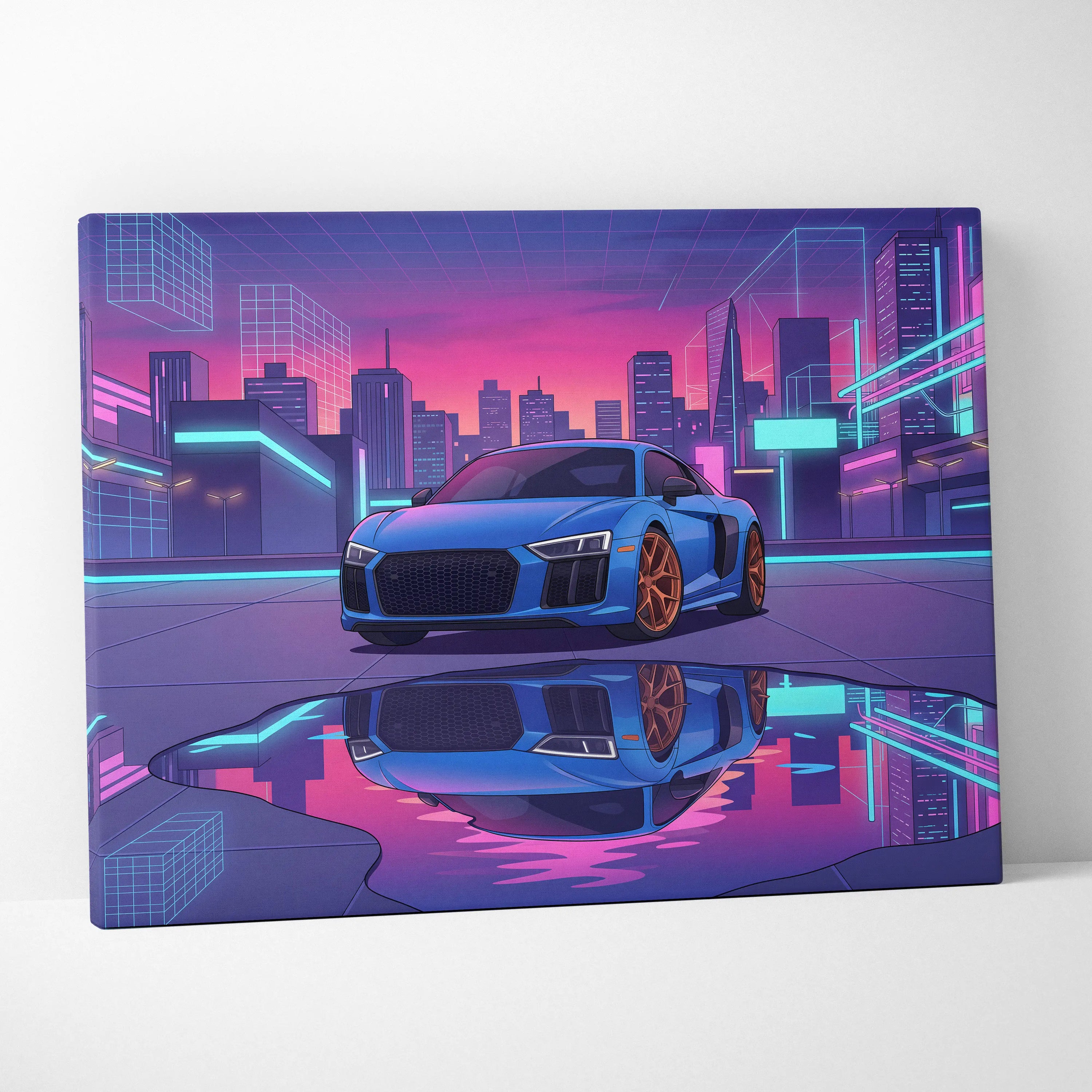 Audi R8 Inspired Neon Vapor City Car Art - Car Art Blue Pink Purple Living Room Decor Vaporwave