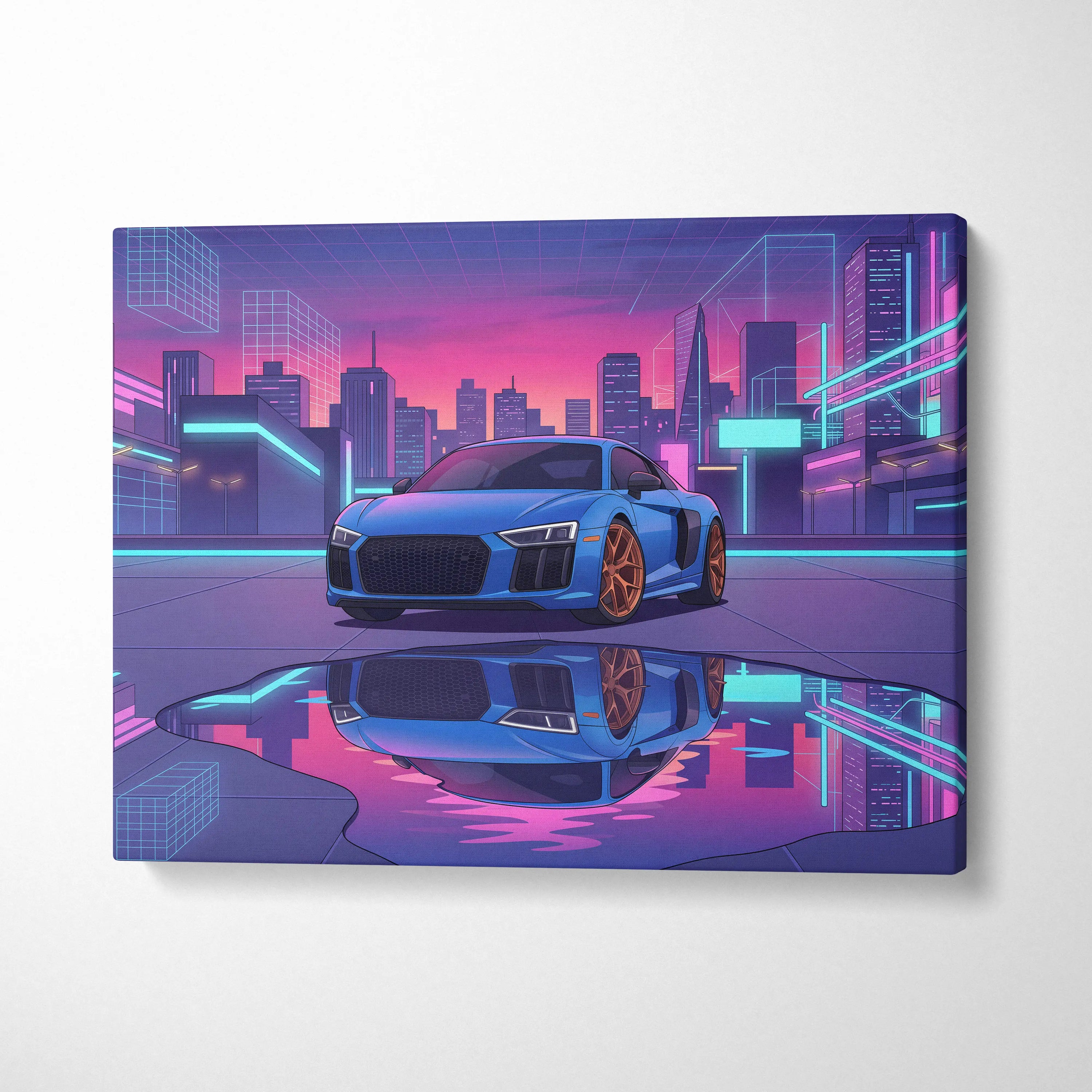 Audi R8 Inspired Neon Vapor City Car Art - Car Art Blue Pink Purple Living Room Decor Vaporwave