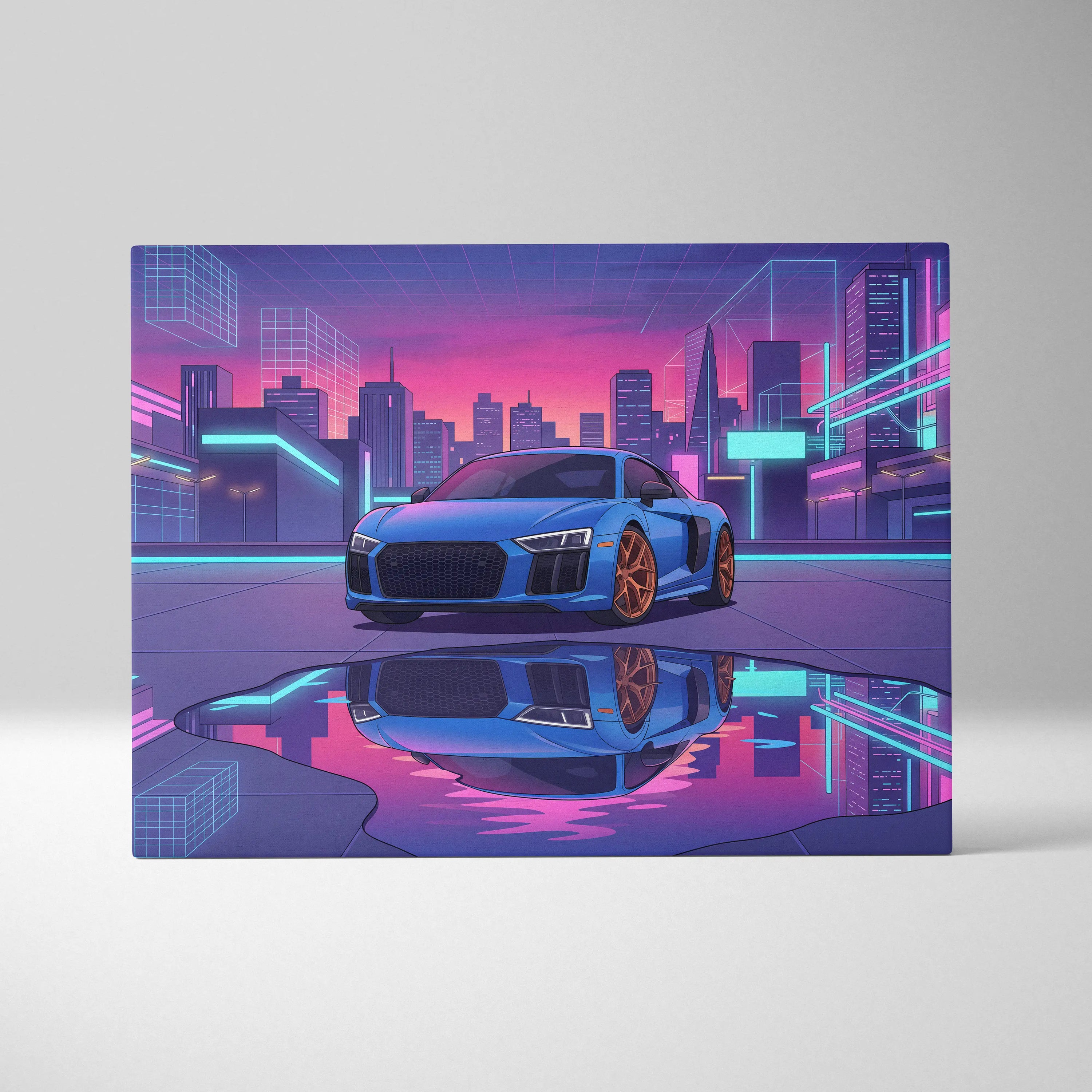 Audi R8 Inspired Neon Vapor City Car Art - Car Art Blue Pink Purple Living Room Decor Vaporwave