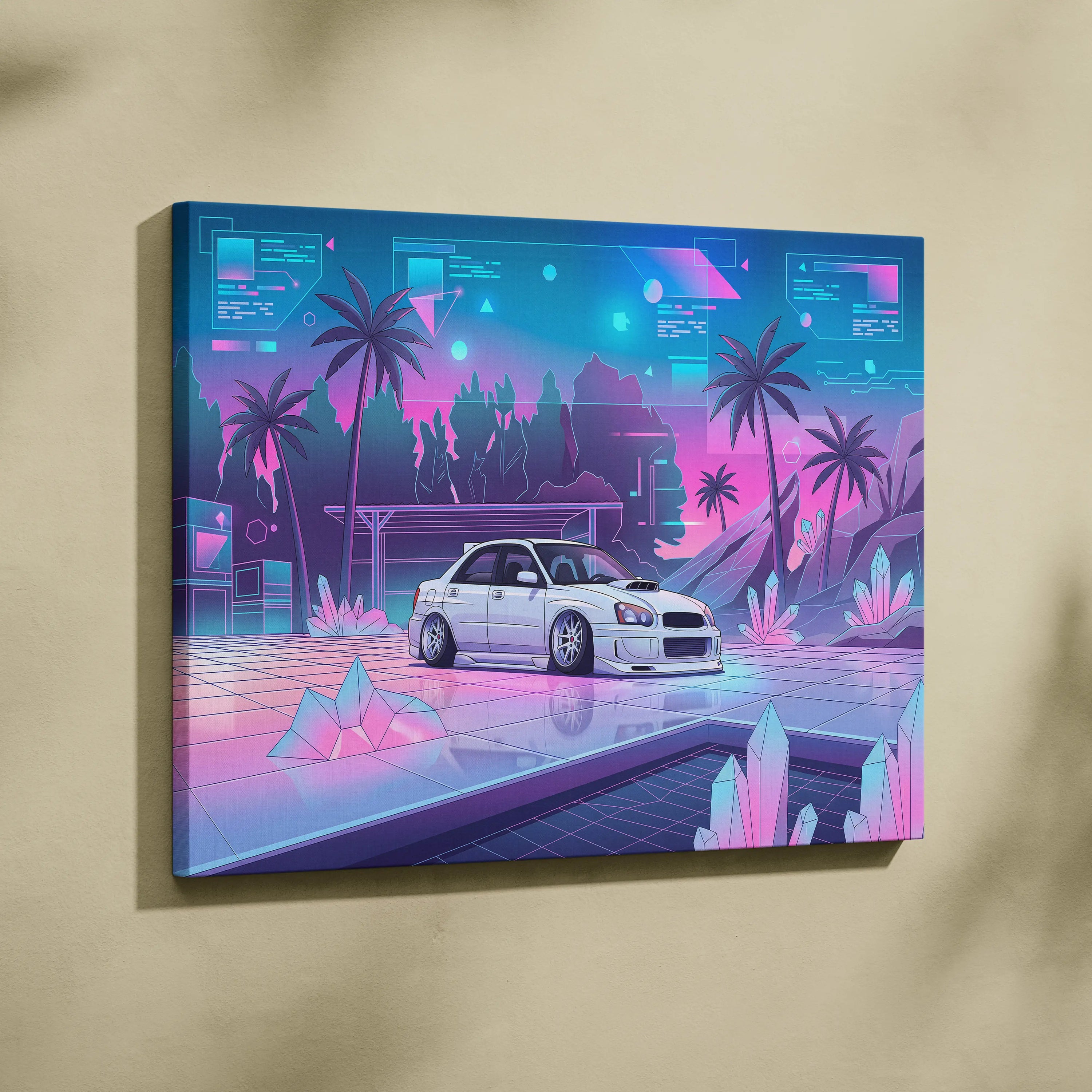 Subaru WRX Inspired Neon Vaporwave Car Canvas Art - Car Art Neon Blue Pink Living Room Vaporwave Mood
