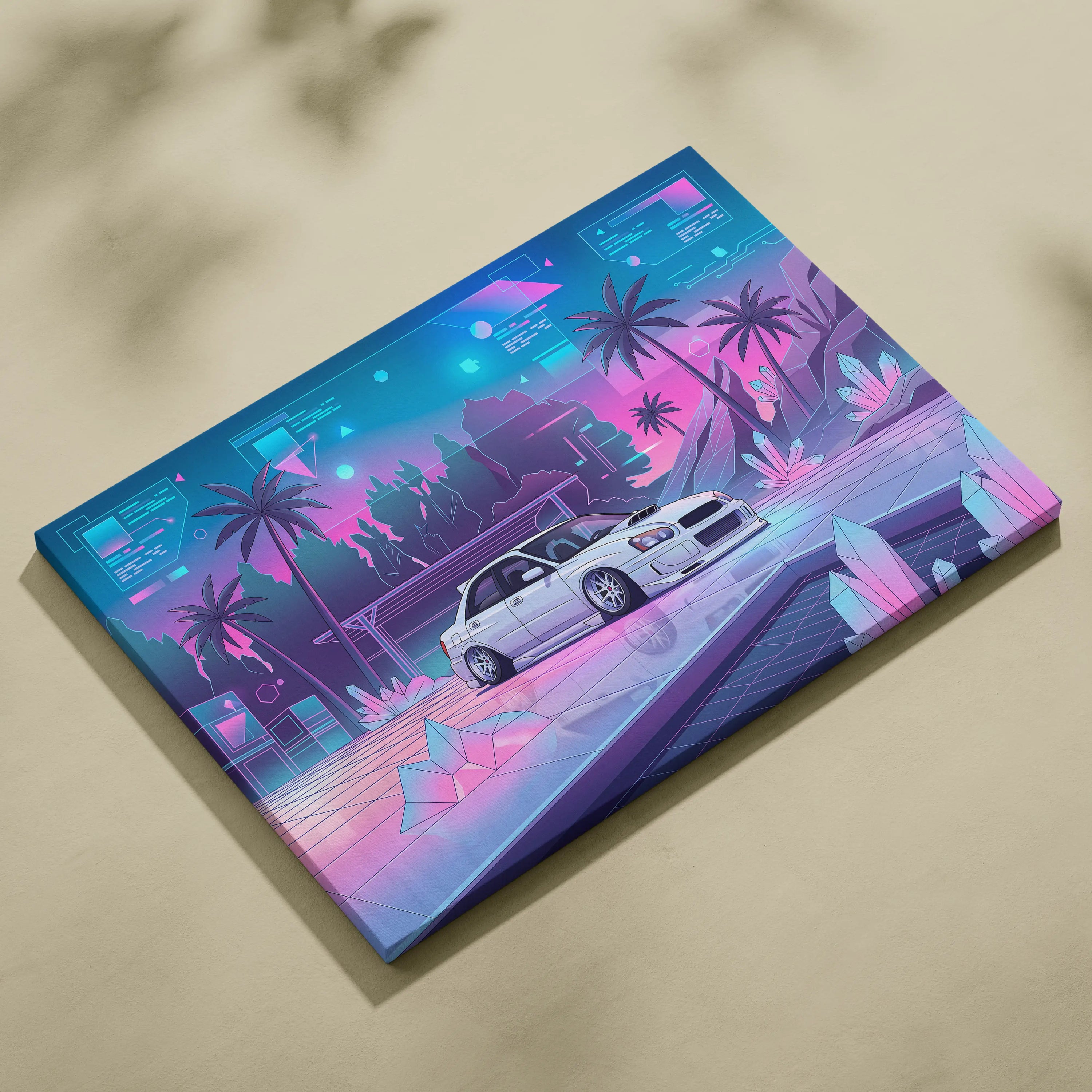 Subaru WRX Inspired Neon Vaporwave Car Canvas Art - Car Art Neon Blue Pink Living Room Vaporwave Mood