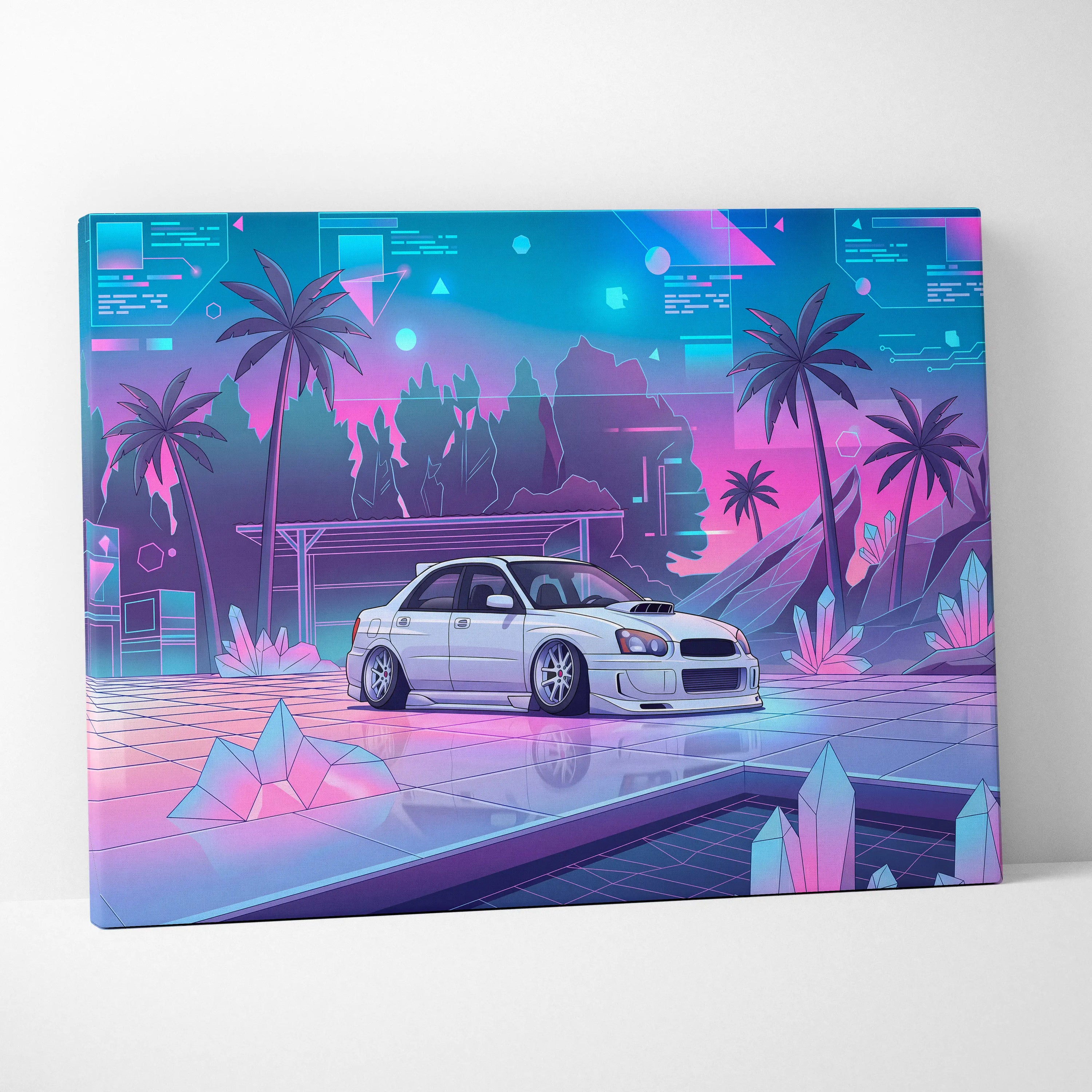 Subaru WRX Inspired Neon Vaporwave Car Canvas Art - Car Art Neon Blue Pink Living Room Vaporwave Mood