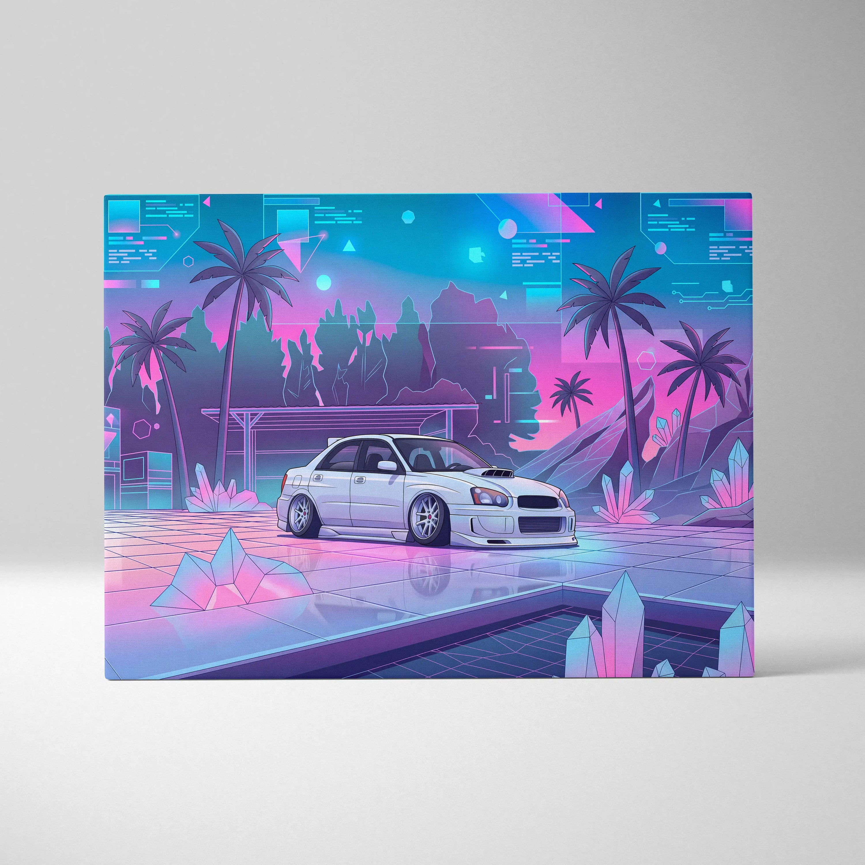 Subaru WRX Inspired Neon Vaporwave Car Canvas Art - Car Art Neon Blue Pink Living Room Vaporwave Mood