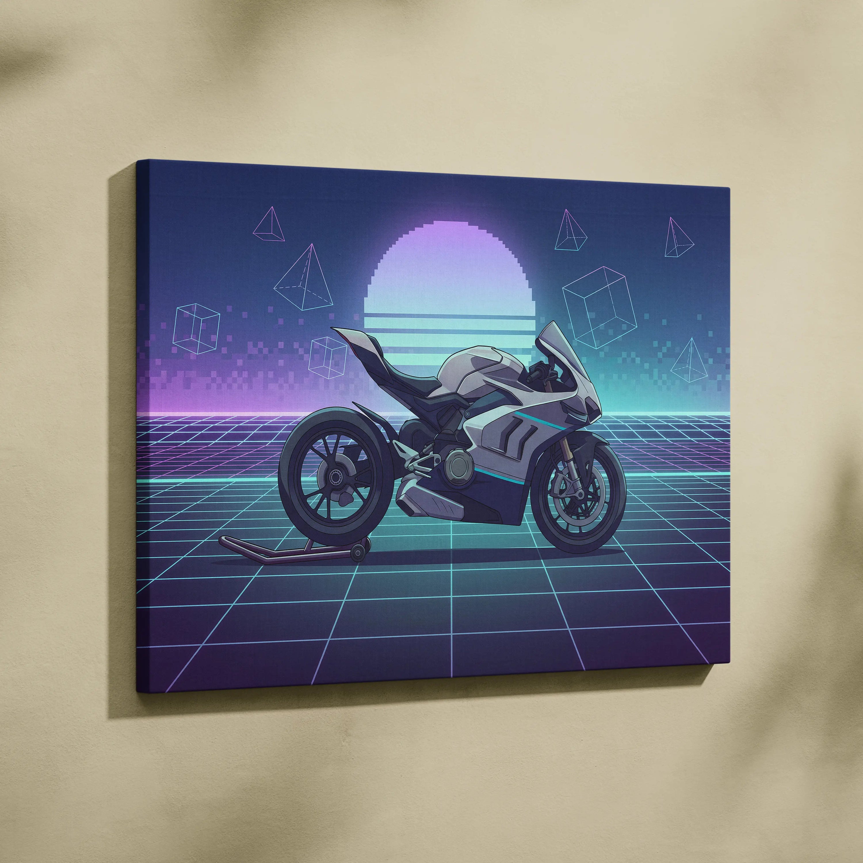 Ducati Panigale V4 Inspired White Teal Motorcycle Canvas Wall Art Vaporwave Neon Grid Sportbike Artwork for Garage Decor Retro Futuristic Print