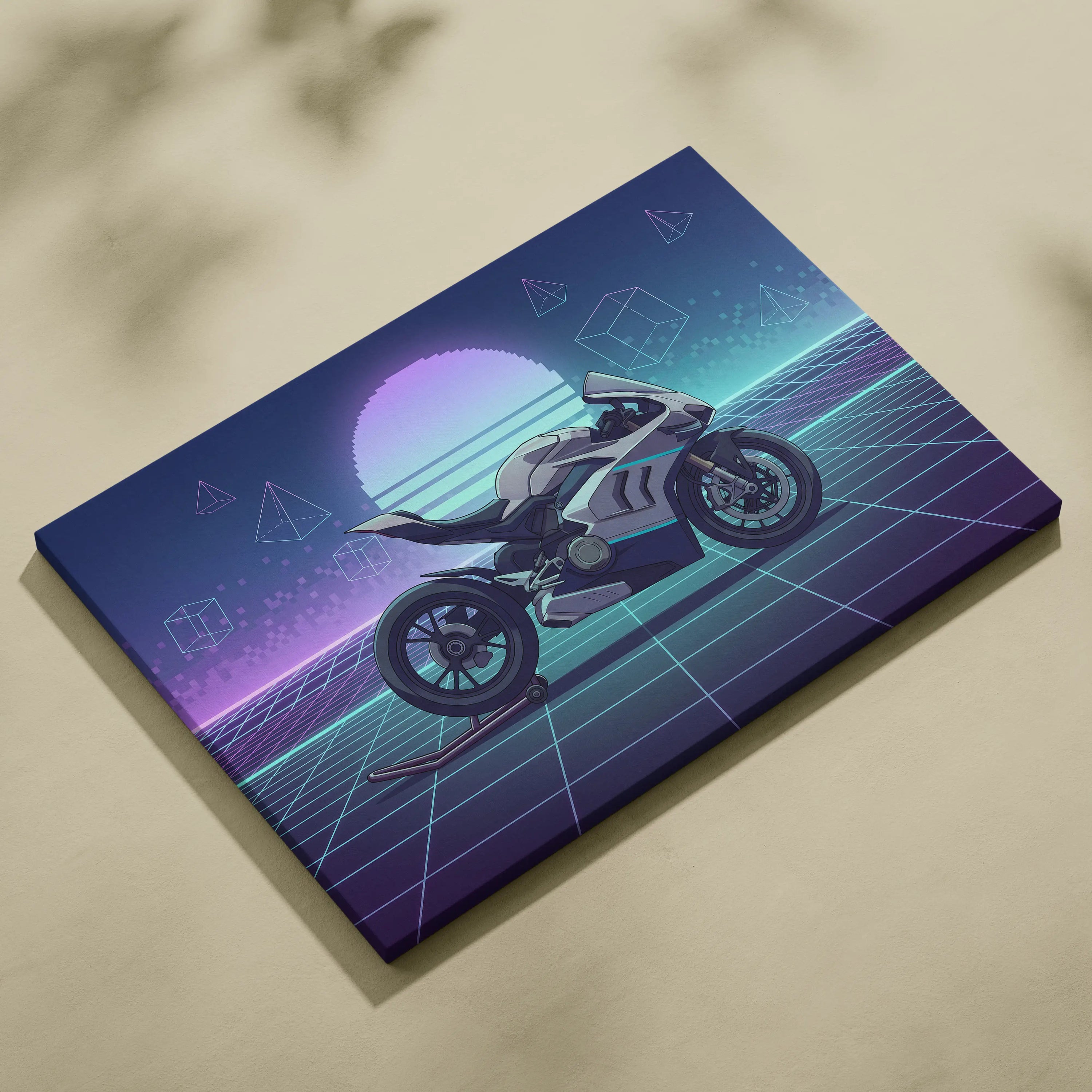 Ducati Panigale V4 Inspired White Teal Motorcycle Canvas Wall Art Vaporwave Neon Grid Sportbike Artwork for Garage Decor Retro Futuristic Print