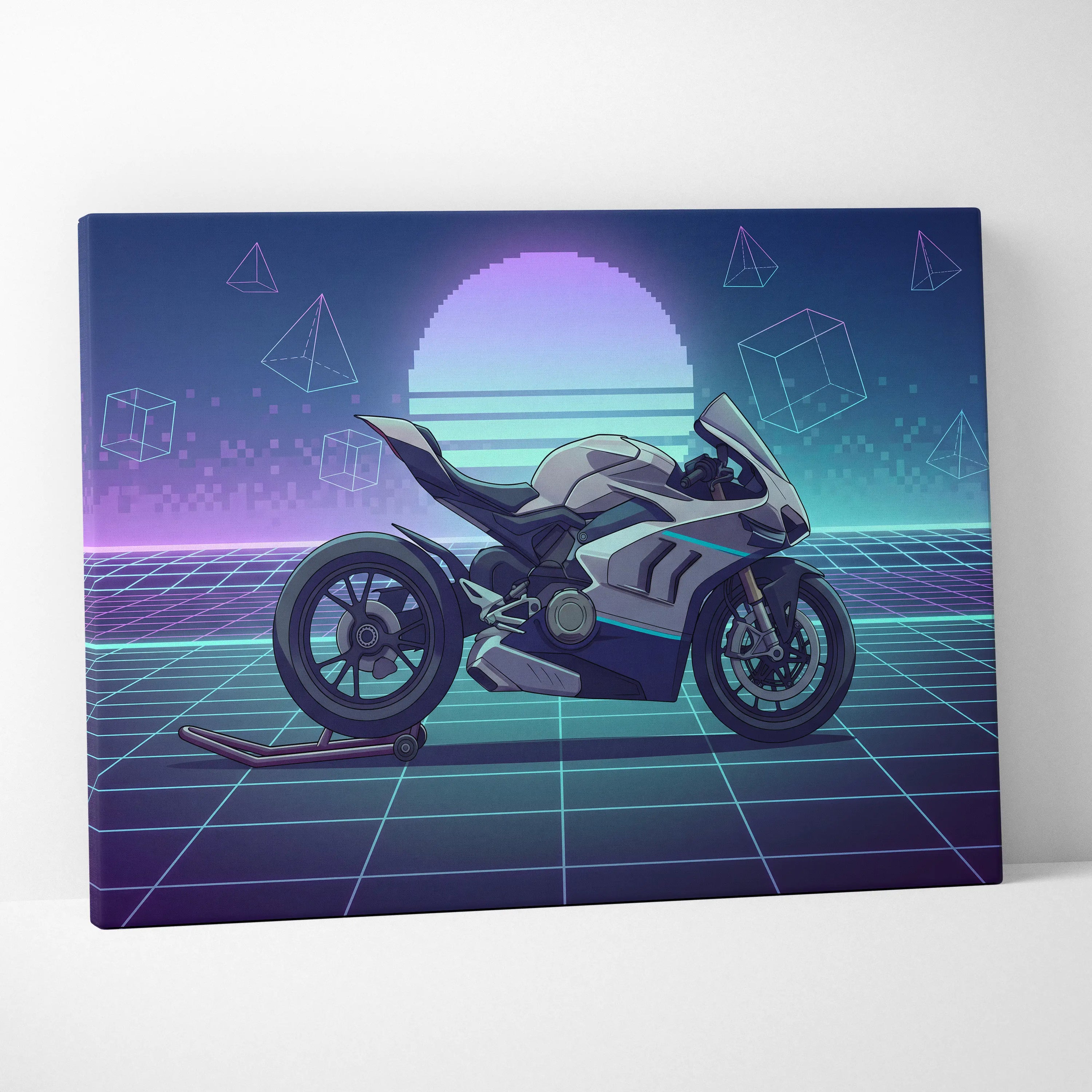 Ducati Panigale V4 Inspired White Teal Motorcycle Canvas Wall Art Vaporwave Neon Grid Sportbike Artwork for Garage Decor Retro Futuristic Print