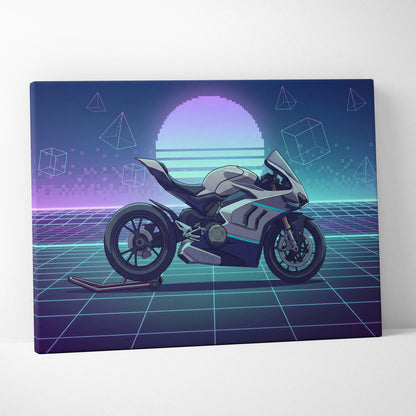 Ducati Panigale V4 Inspired White Teal Motorcycle Canvas Wall Art Vaporwave Neon Grid Sportbike Artwork for Garage Decor Retro Futuristic Print