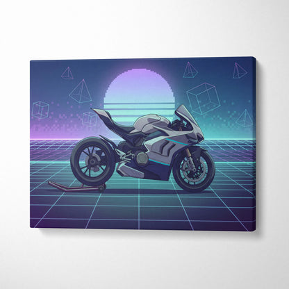 Ducati Panigale V4 Inspired White Teal Motorcycle Canvas Wall Art Vaporwave Neon Grid Sportbike Artwork for Garage Decor Retro Futuristic Print