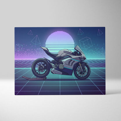Ducati Panigale V4 Inspired White Teal Motorcycle Canvas Wall Art Vaporwave Neon Grid Sportbike Artwork for Garage Decor Retro Futuristic Print