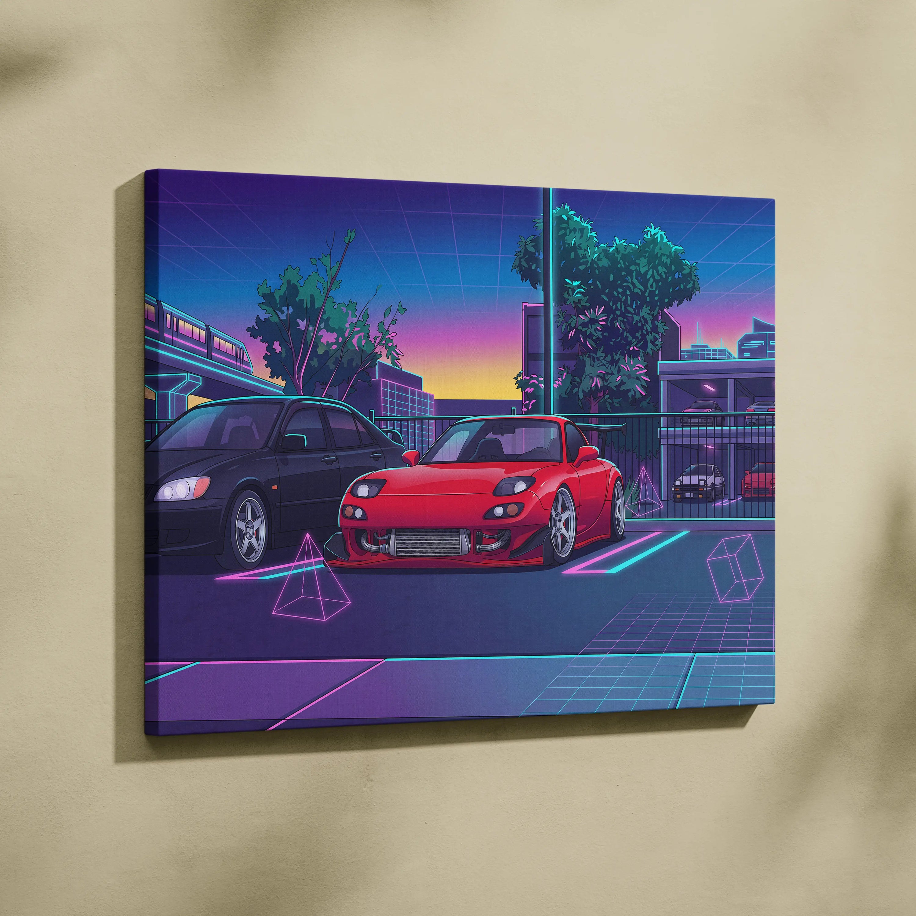 Mazda FD RX7 Inspired Vaporwave Car Canvas - Vaporwave Car Artwork Neon Pink Teal Living Room Retro Energetic Nostalgia Wall Art Canvas