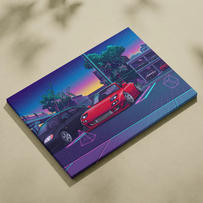 Mazda FD RX7 Inspired Vaporwave Car Canvas - Vaporwave Car Artwork Neon Pink Teal Living Room Retro Energetic Nostalgia Wall Art Canvas