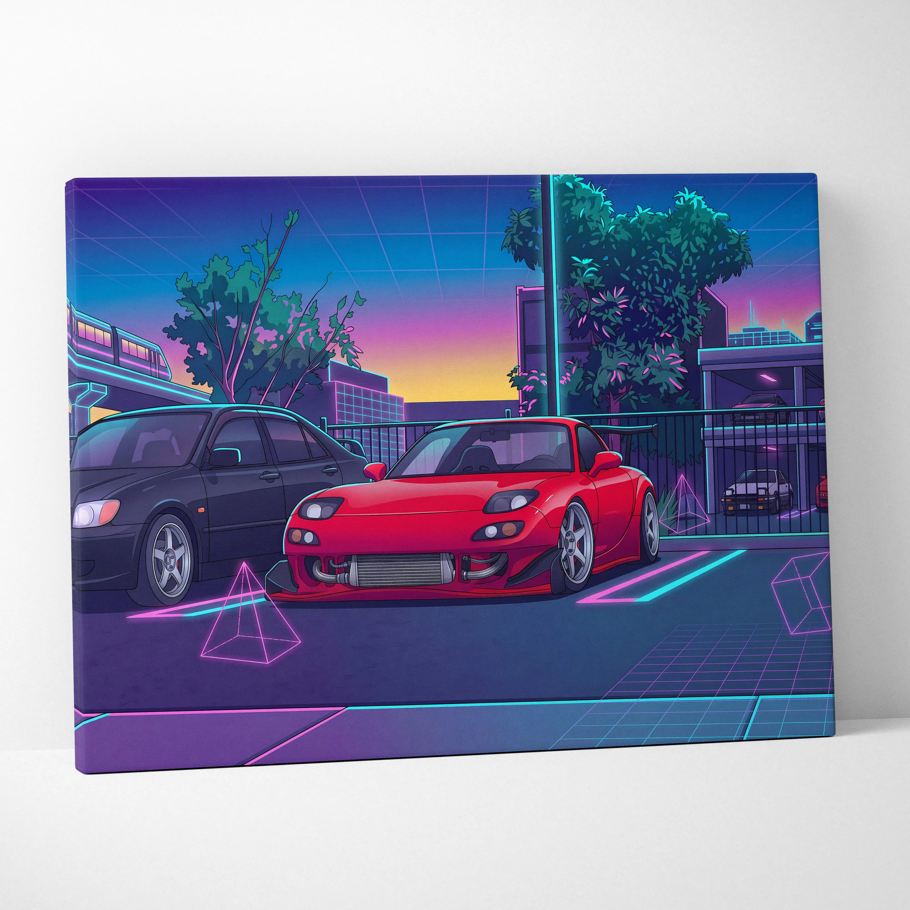 Mazda FD RX7 Inspired Vaporwave Car Canvas - Vaporwave Car Artwork Neon Pink Teal Living Room Retro Energetic Nostalgia Wall Art Canvas