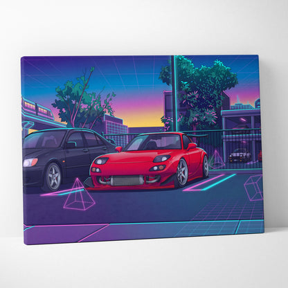 Mazda FD RX7 Inspired Vaporwave Car Canvas - Vaporwave Car Artwork Neon Pink Teal Living Room Retro Energetic Nostalgia Wall Art Canvas
