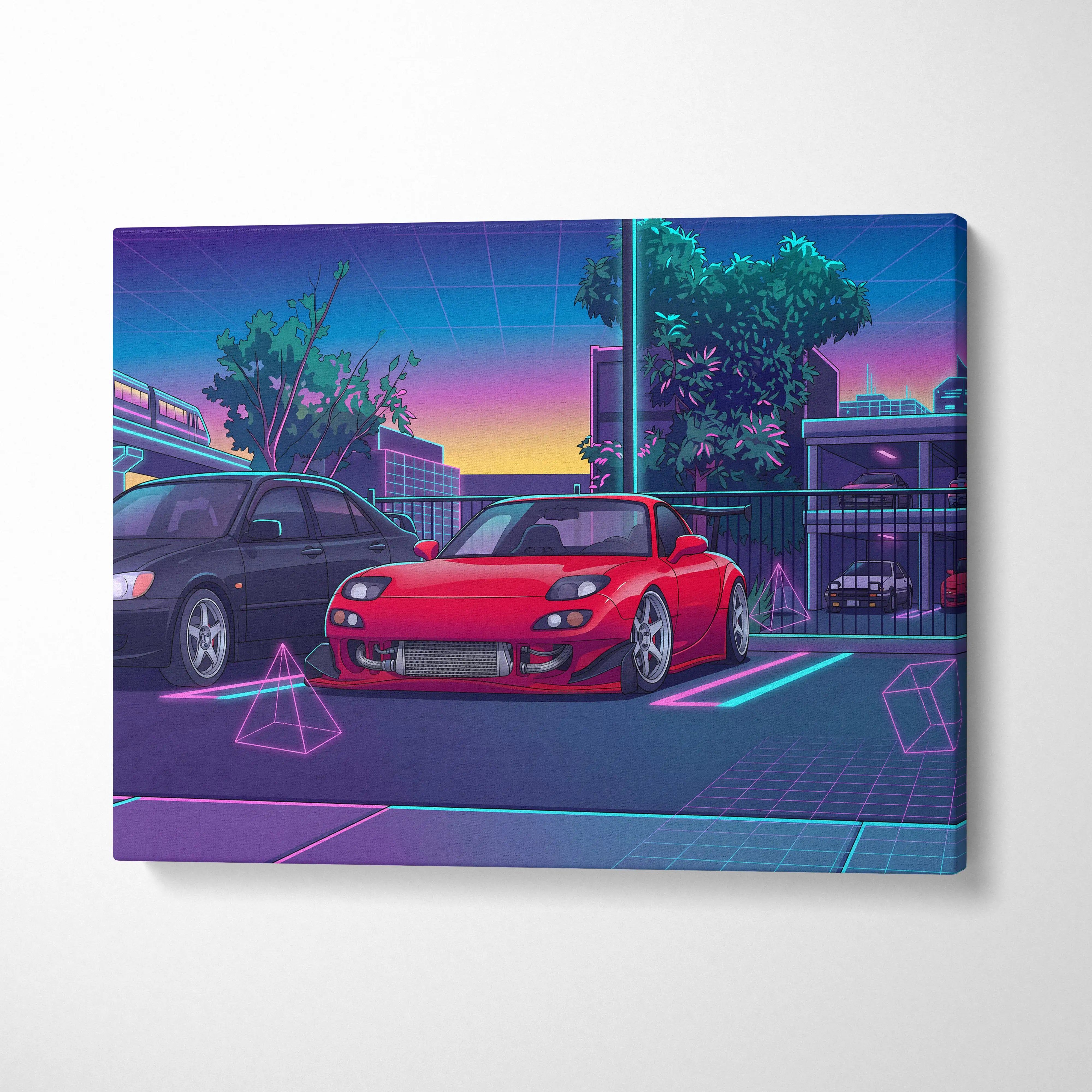 Canvas artwork featuring a vibrant red mazda fd rx7 inspired vaporwave car with neon pink and teal accents in a cyberpunk lot