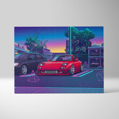Mazda FD RX7 Inspired Vaporwave Car Canvas - Vaporwave Car Artwork Neon Pink Teal Living Room Retro Energetic Nostalgia Wall Art Canvas