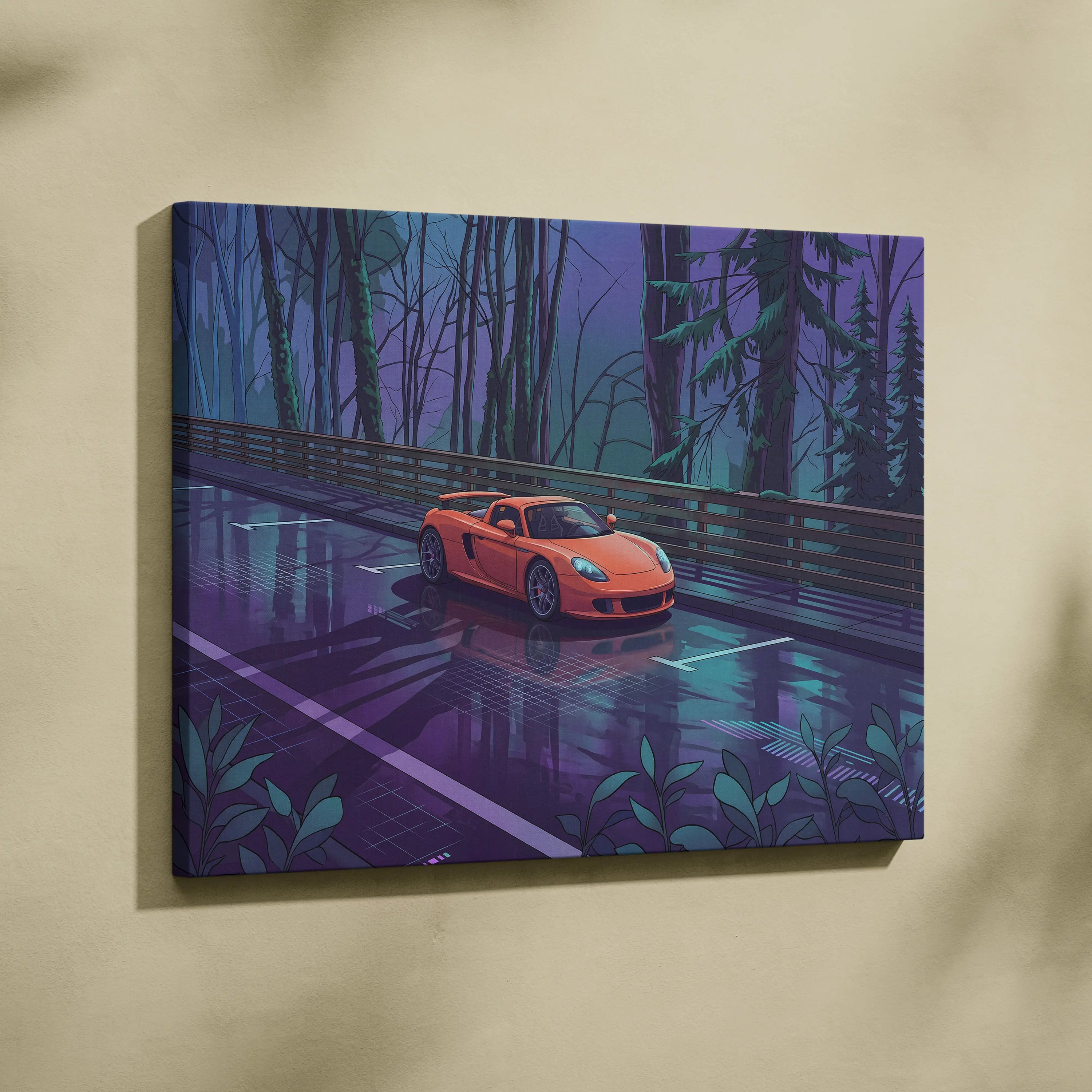 Porsche Carrera GT Inspired Vaporwave Canvas Print - Car Neon Purple Blue Teal Living Room Vaporwave Nostalgic Energy Neon Car Art Canvas