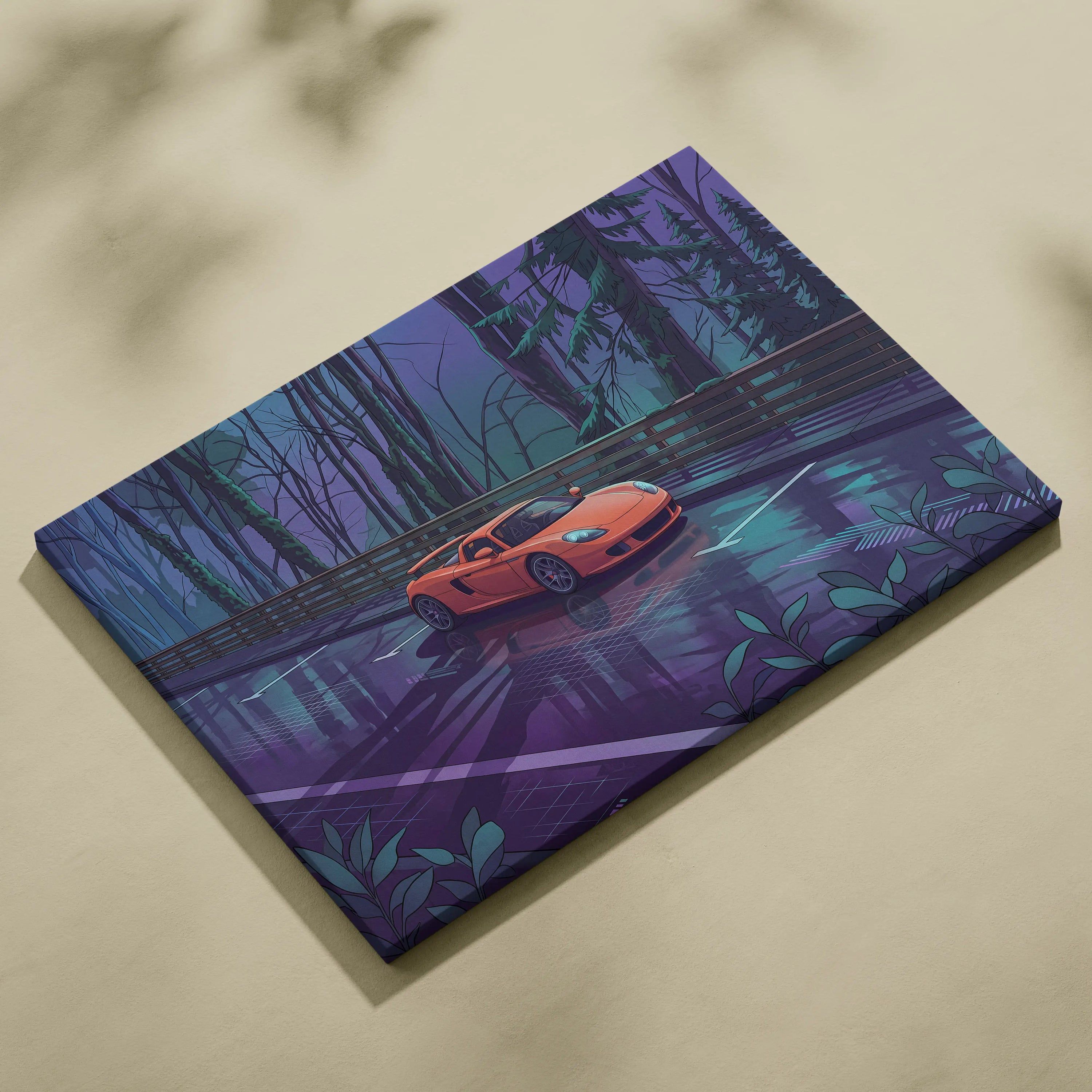 Porsche Carrera GT Inspired Vaporwave Canvas Print - Car Neon Purple Blue Teal Living Room Vaporwave Nostalgic Energy Neon Car Art Canvas