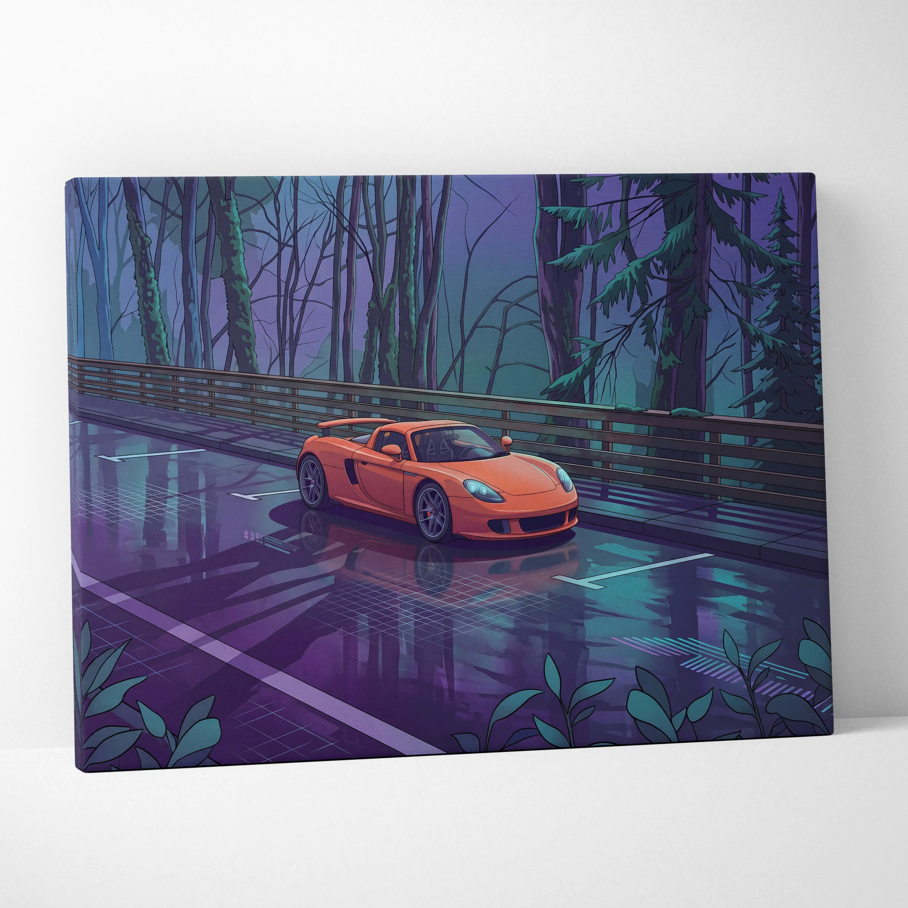 Porsche Carrera GT Inspired Vaporwave Canvas Print - Car Neon Purple Blue Teal Living Room Vaporwave Nostalgic Energy Neon Car Art Canvas