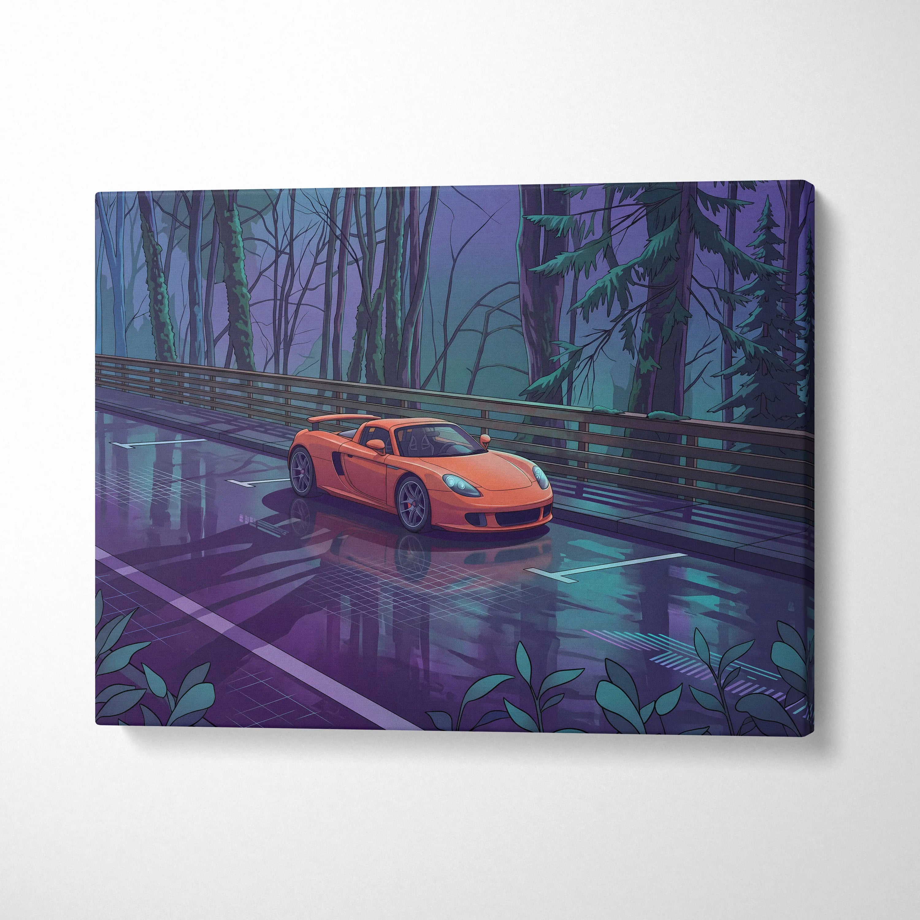 Porsche Carrera GT Inspired Vaporwave Canvas Print - Car Neon Purple Blue Teal Living Room Vaporwave Nostalgic Energy Neon Car Art Canvas