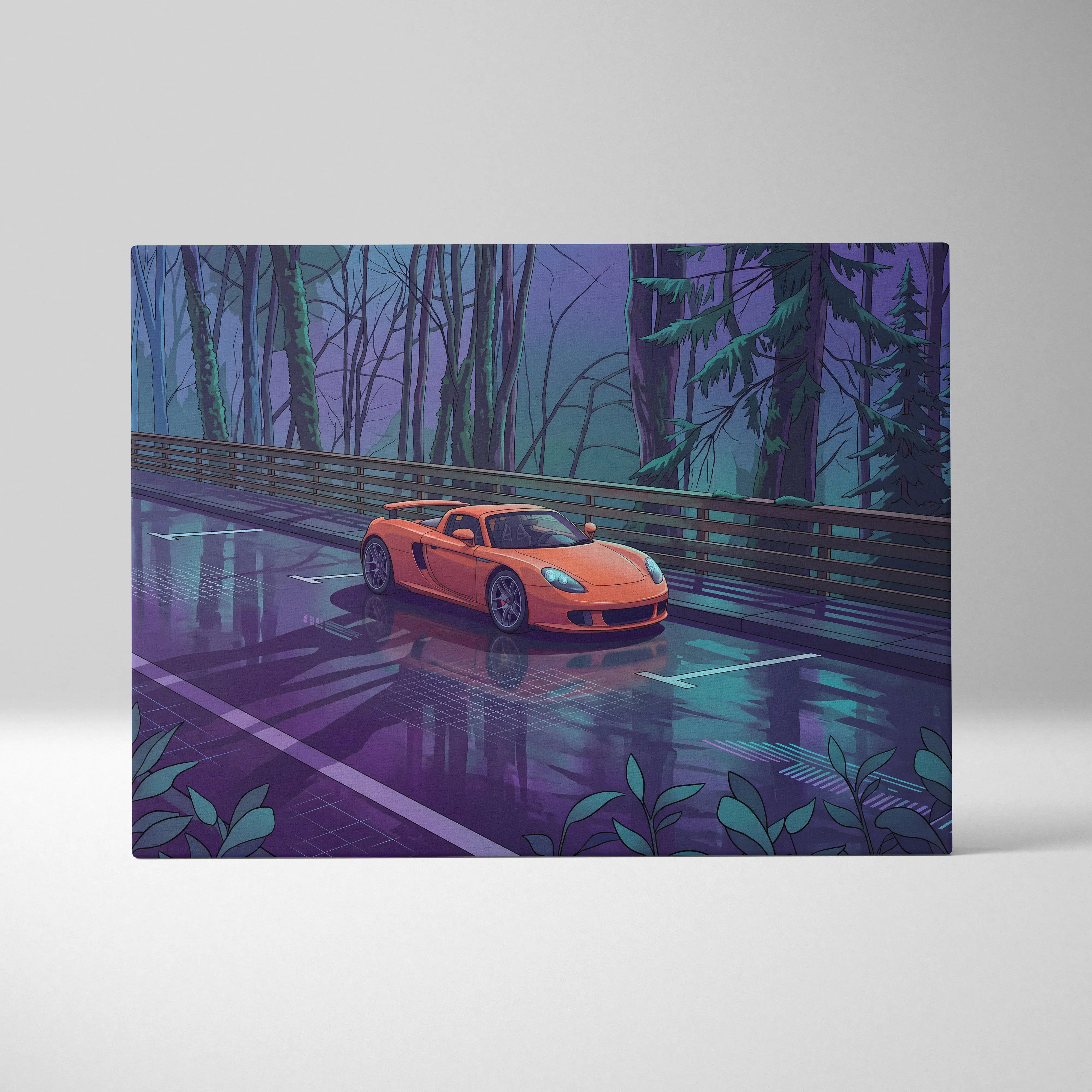 Vibrant orange porsche carrera gt inspired sports car neon canvas print in stylized forest for living room decor