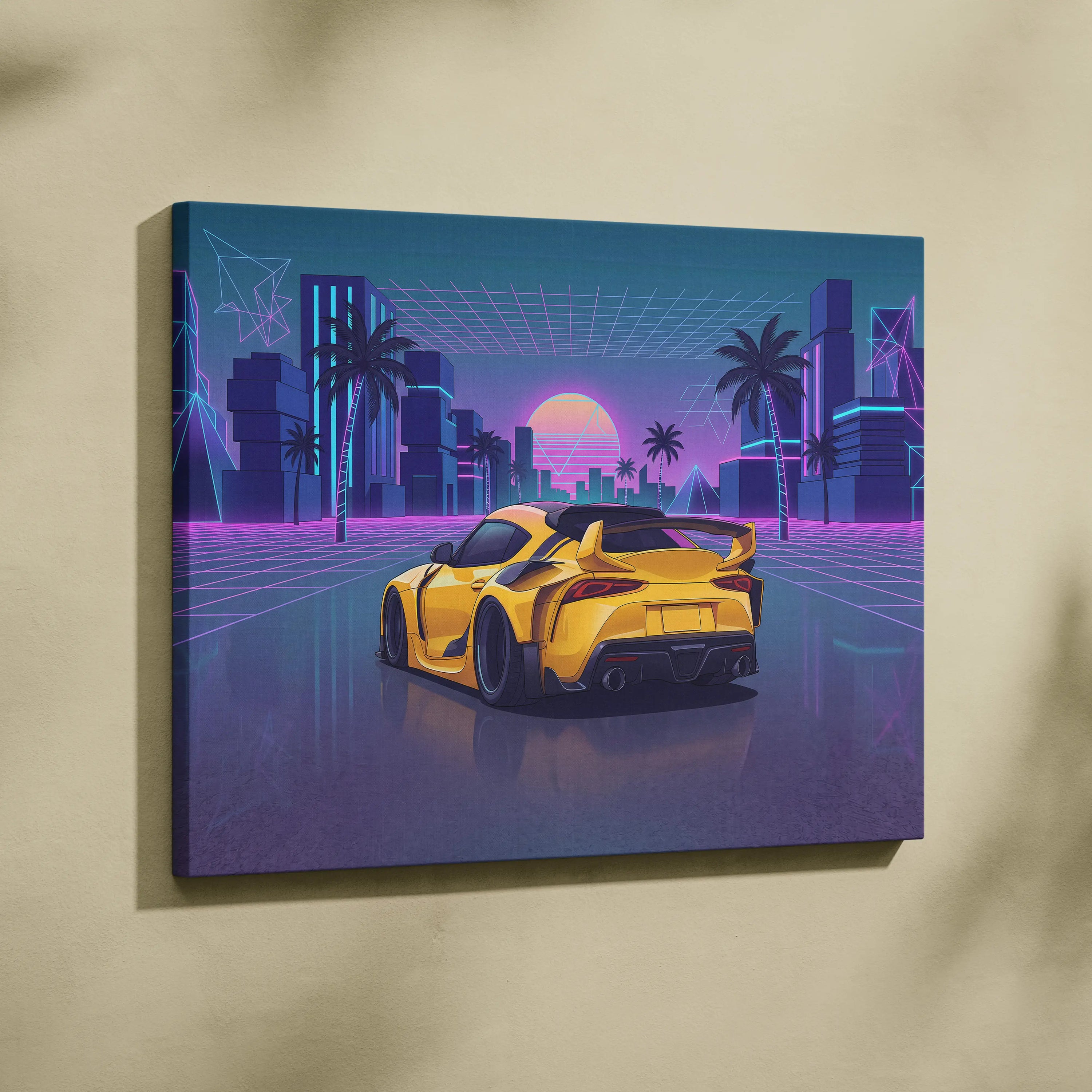 Toyota Mk5 Supra Inspired Vaporwave Car Canvas - Car Neon Pink Purple Blue Living Room Vaporwave Neon Mood Synthwave 80s Canvas Print