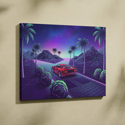 Ferrari F40 Inspired Neon Vaporwave Car Canvas - Nostalgic Mood Car Art Neon Purple Teal Living Room Print
