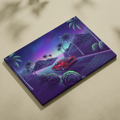Ferrari F40 Inspired Neon Vaporwave Car Canvas - Nostalgic Mood Car Art Neon Purple Teal Living Room Print