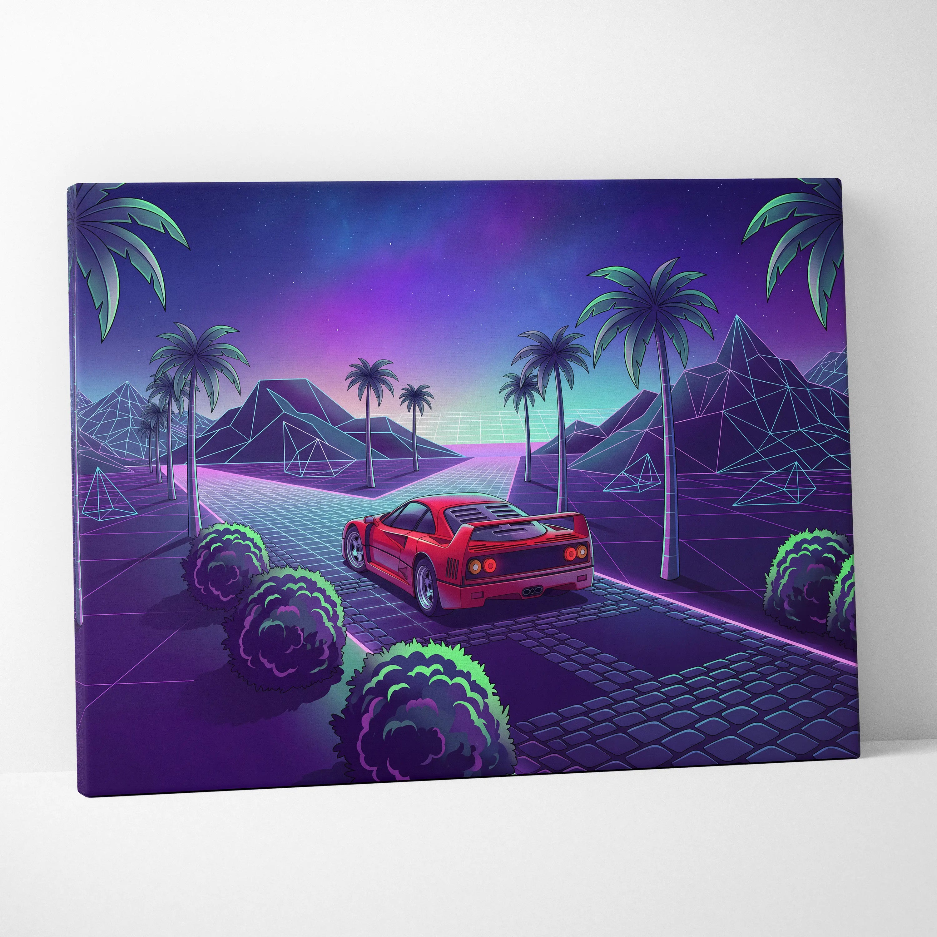 Ferrari F40 Inspired Neon Vaporwave Car Canvas - Nostalgic Mood Car Art Neon Purple Teal Living Room Print