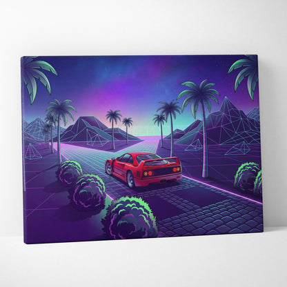 Ferrari F40 Inspired Neon Vaporwave Car Canvas - Nostalgic Mood Car Art Neon Purple Teal Living Room Print