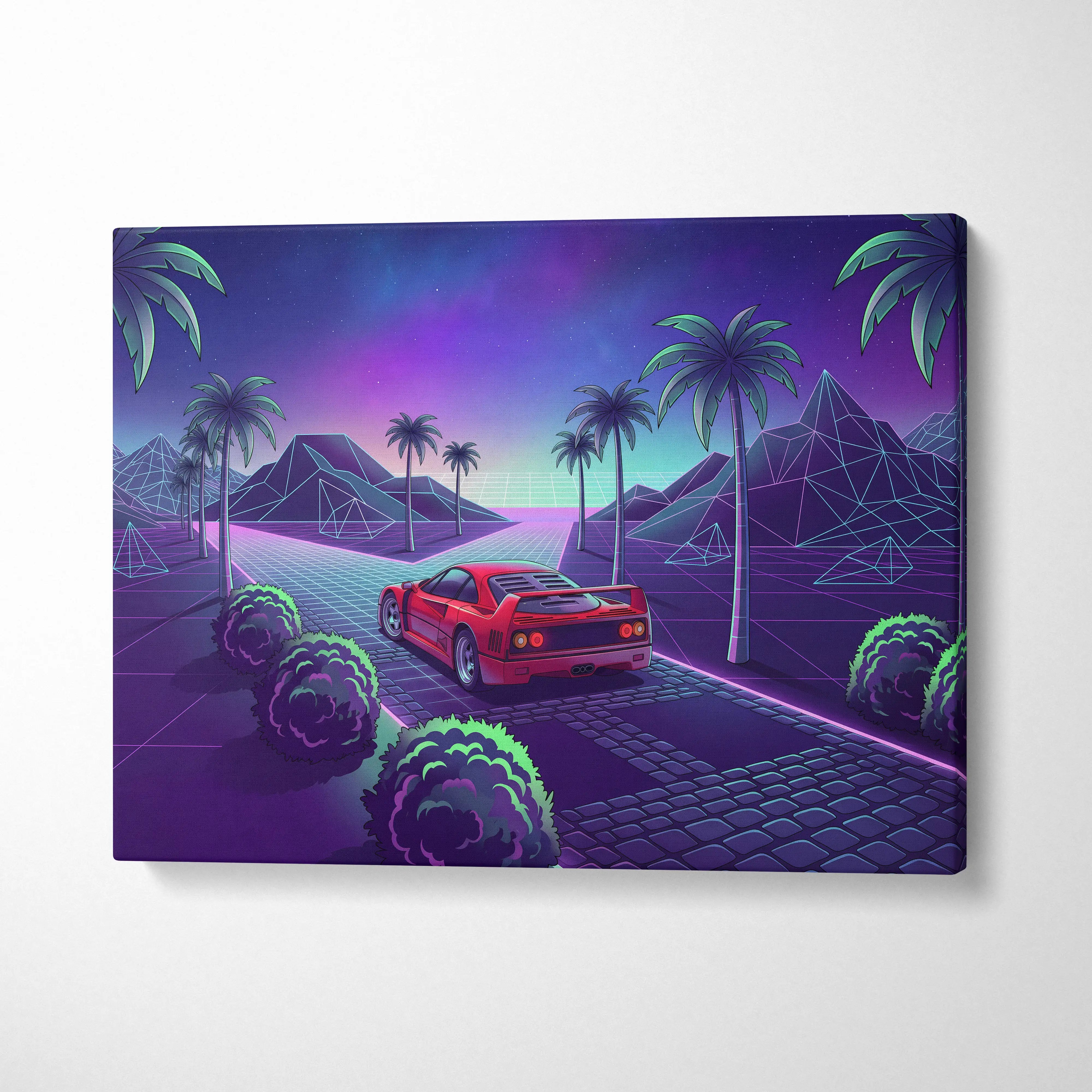 Vibrant red ferrari f40 inspired neon vaporwave sports car digital art canvas print for living room decor
