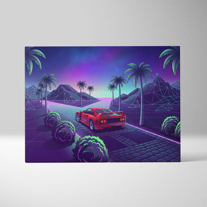 Ferrari F40 Inspired Neon Vaporwave Car Canvas - Nostalgic Mood Car Art Neon Purple Teal Living Room Print