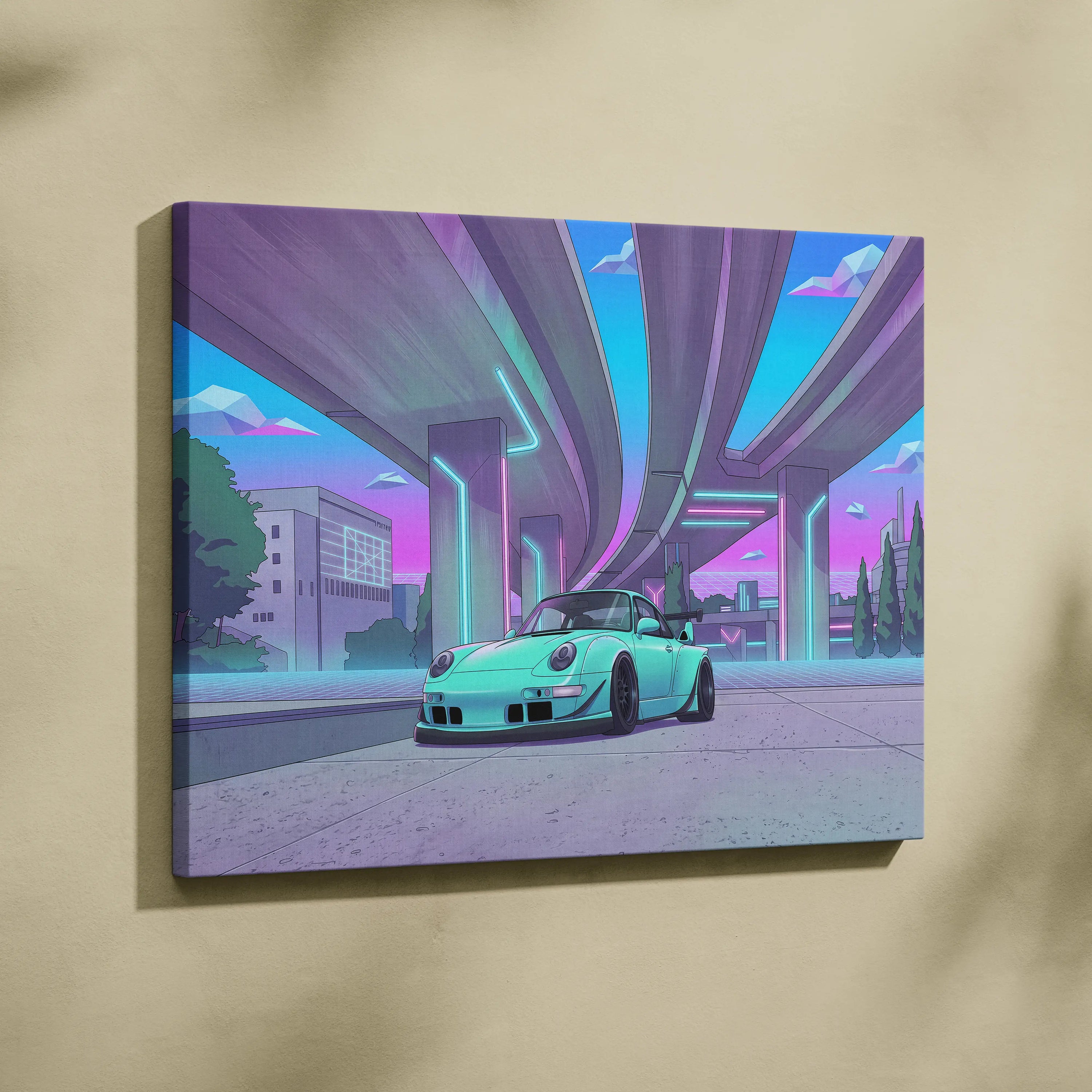 RWB Porsche 911 Inspired Neon Vaporwave Car Canvas - 911 Car Artwork Neon Pink Teal Nostalgic Mood Retro-Futuristic Canvas