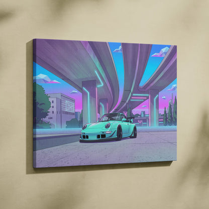 RWB Porsche 911 Inspired Neon Vaporwave Car Canvas - 911 Car Artwork Neon Pink Teal Nostalgic Mood Retro-Futuristic Canvas