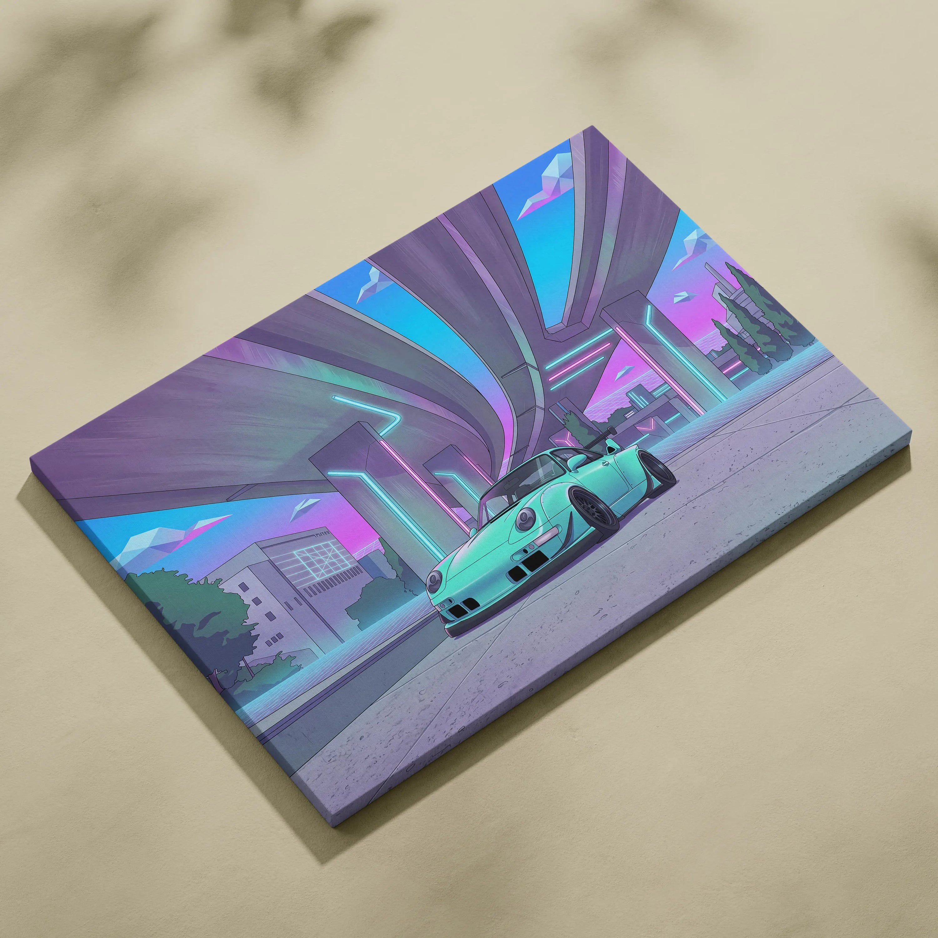 RWB Porsche 911 Inspired Neon Vaporwave Car Canvas - 911 Car Artwork Neon Pink Teal Nostalgic Mood Retro-Futuristic Canvas