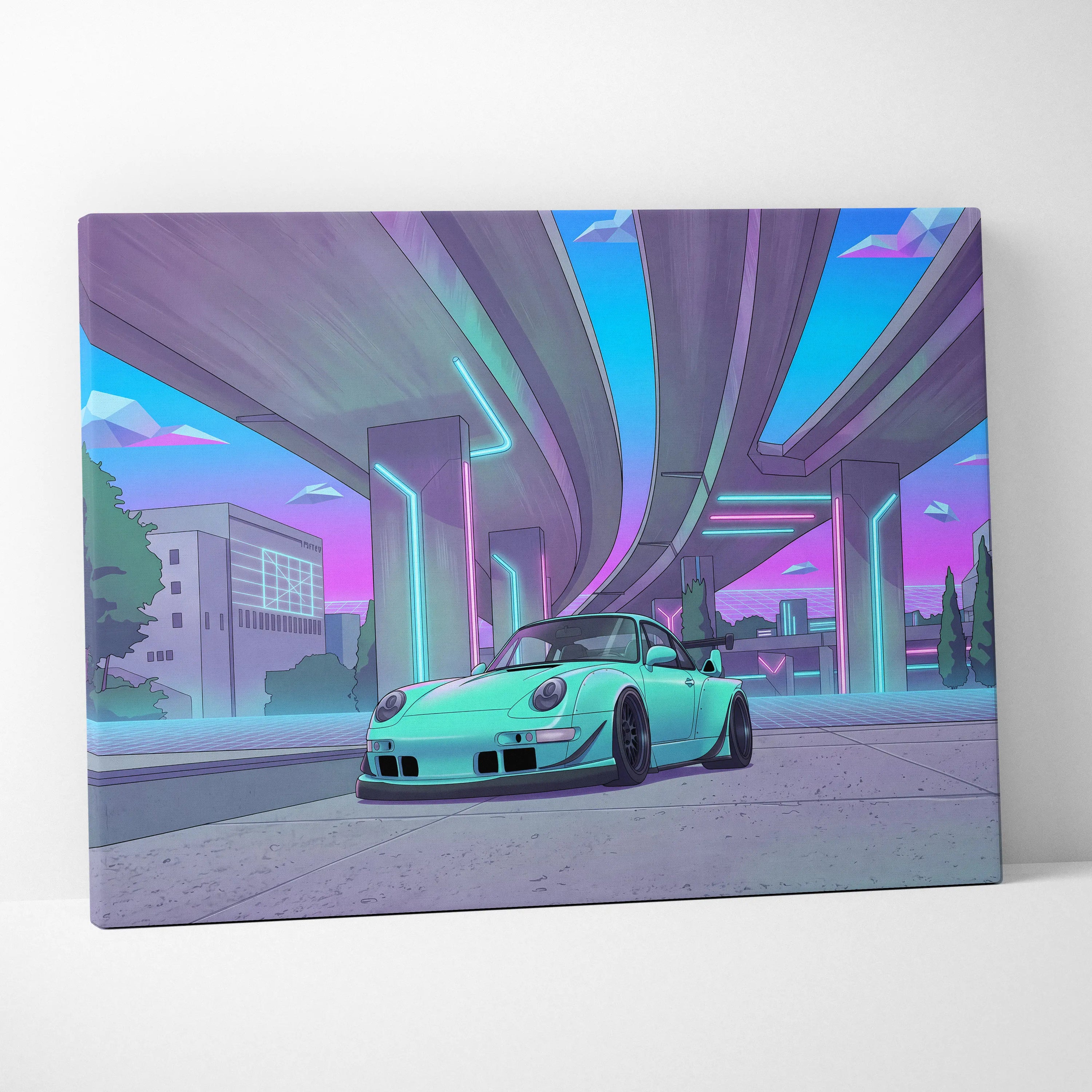 RWB Porsche 911 Inspired Neon Vaporwave Car Canvas - 911 Car Artwork Neon Pink Teal Nostalgic Mood Retro-Futuristic Canvas