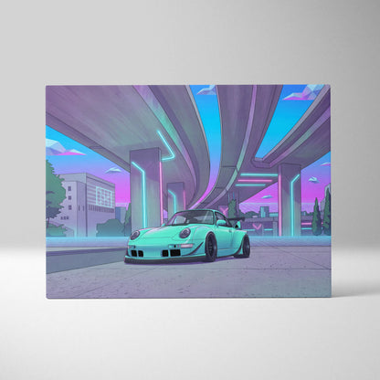 RWB Porsche 911 Inspired Neon Vaporwave Car Canvas - 911 Car Artwork Neon Pink Teal Nostalgic Mood Retro-Futuristic Canvas