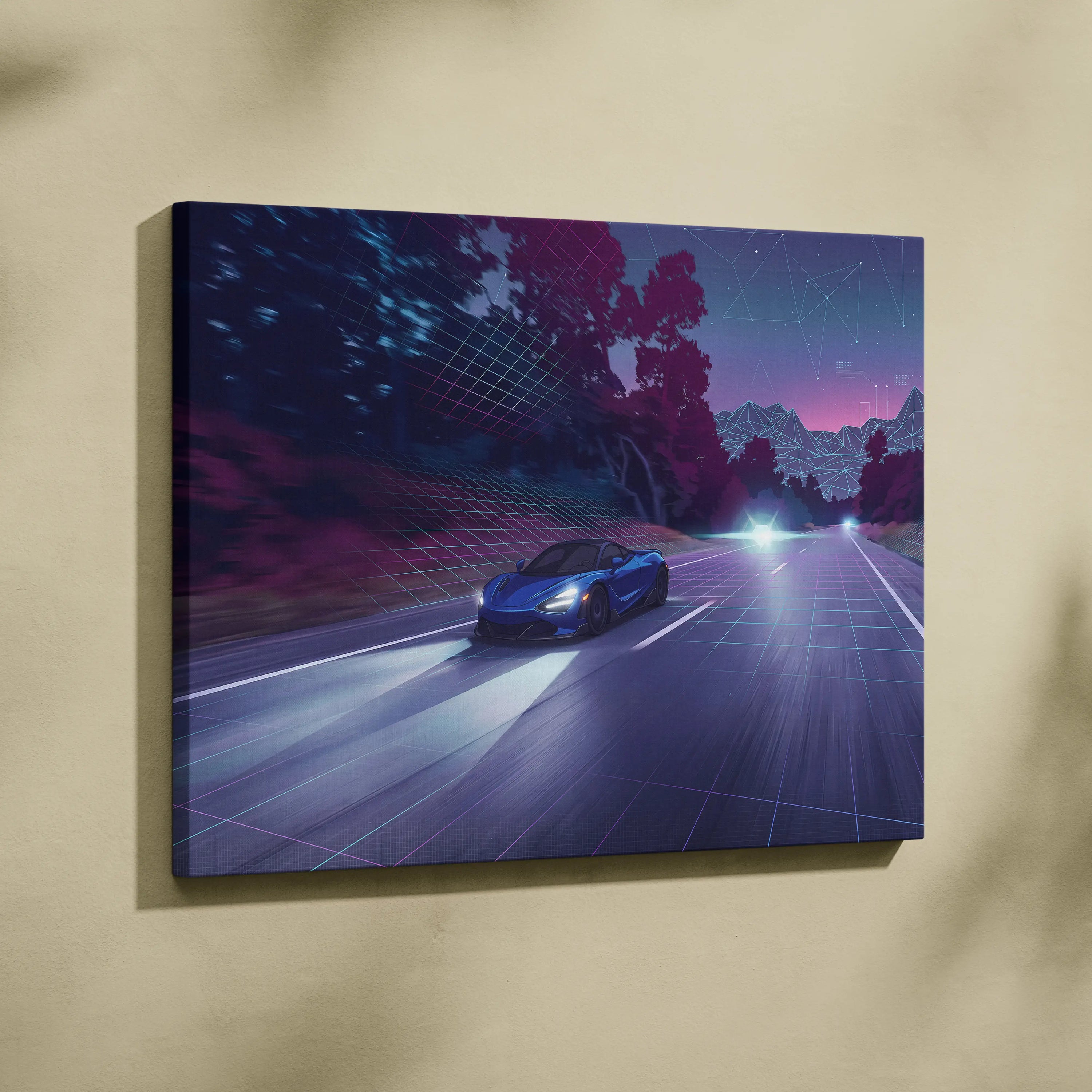 McLaren 765LT Inspired Vaporwave Car Canvas - Vaporwave Car Neon Blue Living Room Retro-Futurism Dreamy Mood Retro Aesthetic Canvas Print