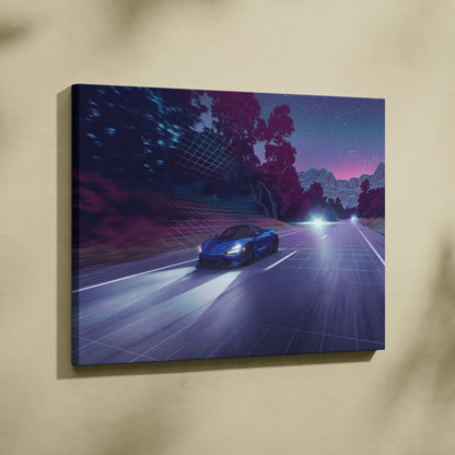 McLaren 765LT Inspired Vaporwave Car Canvas - Vaporwave Car Neon Blue Living Room Retro-Futurism Dreamy Mood Retro Aesthetic Canvas Print