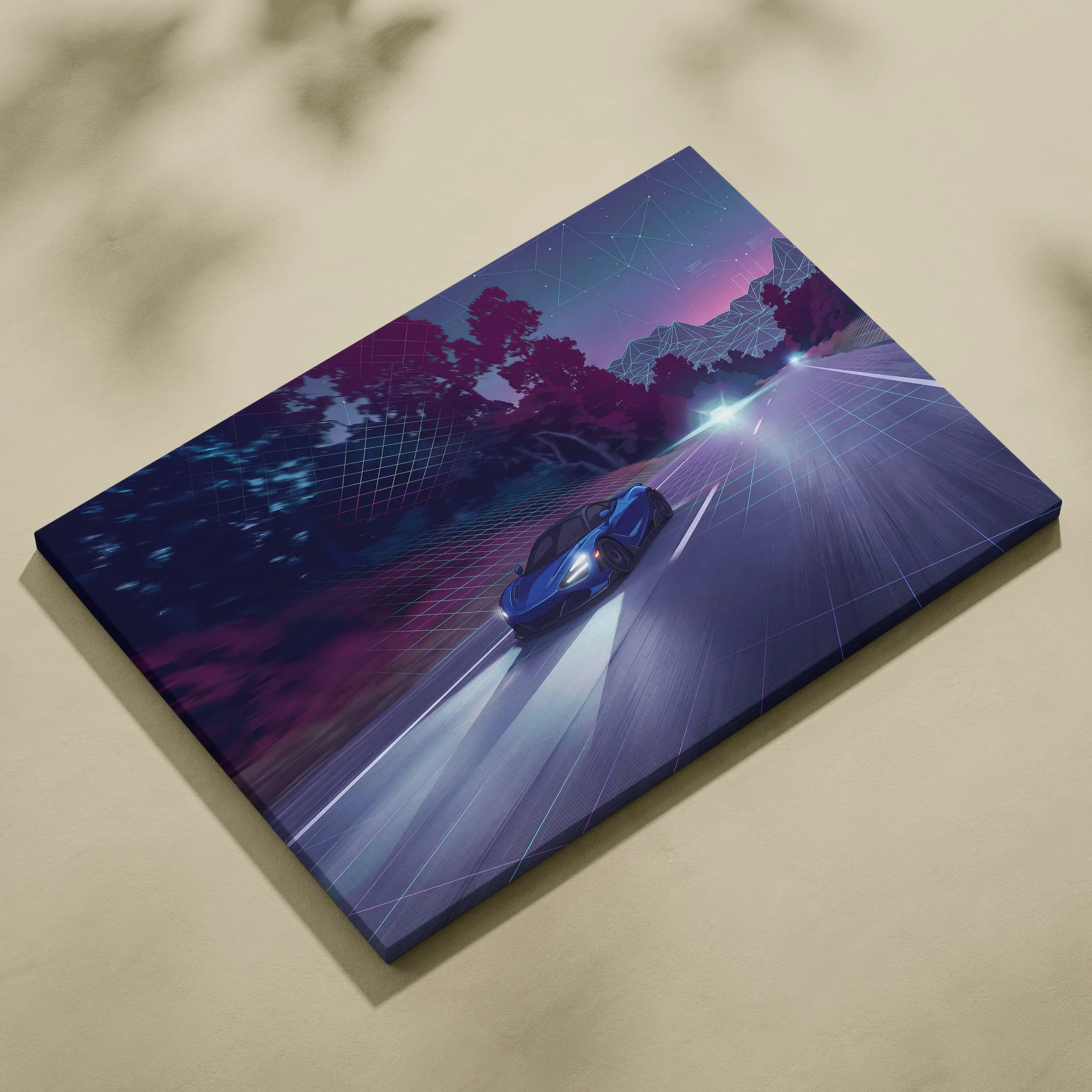 McLaren 765LT Inspired Vaporwave Car Canvas - Vaporwave Car Neon Blue Living Room Retro-Futurism Dreamy Mood Retro Aesthetic Canvas Print