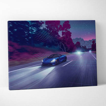 McLaren 765LT Inspired Vaporwave Car Canvas - Vaporwave Car Neon Blue Living Room Retro-Futurism Dreamy Mood Retro Aesthetic Canvas Print