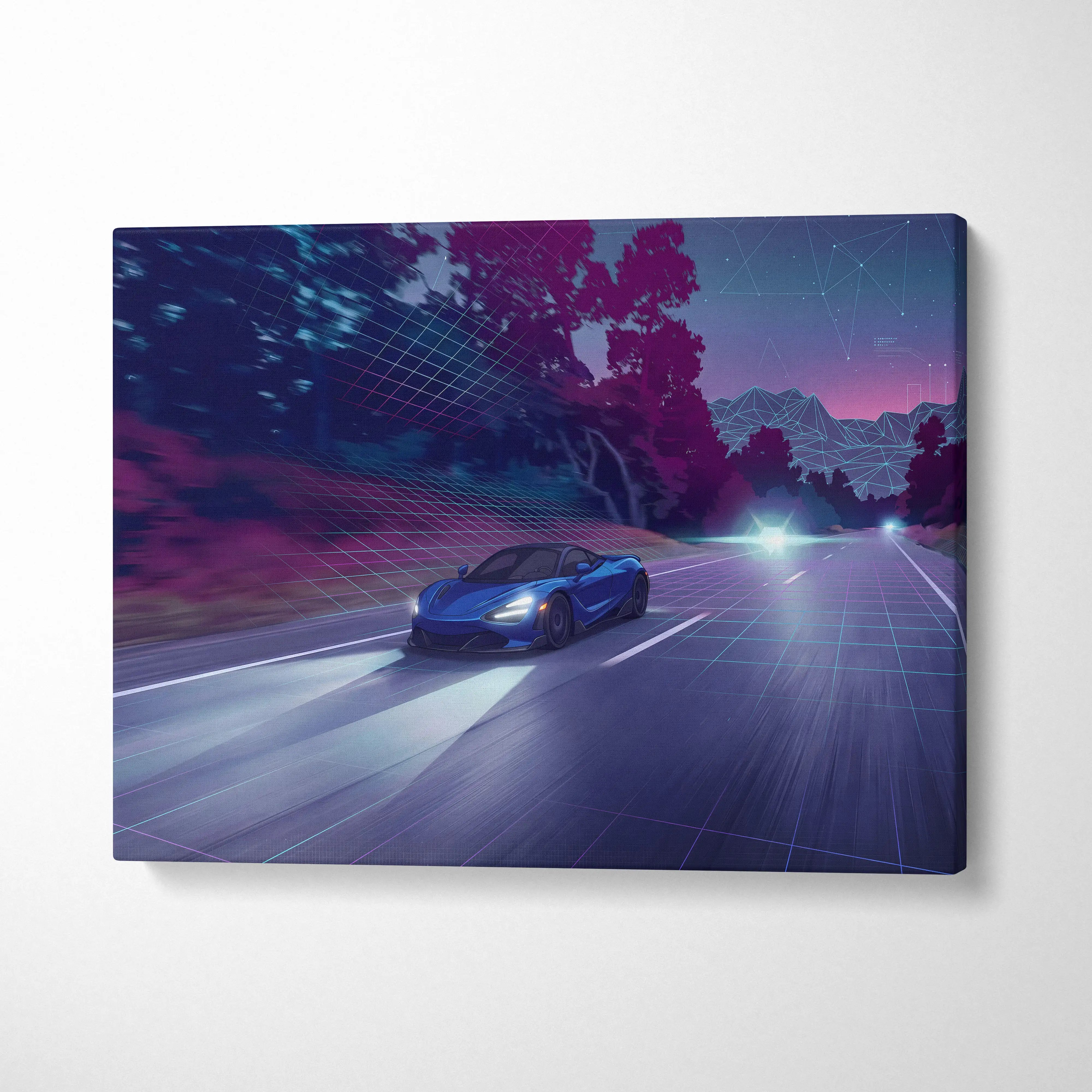 Blue futuristic mclaren 765lt inspired vaporwave sports car canvas print with neon blue and retro grid sky background
