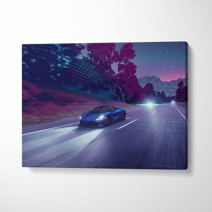 McLaren 765LT Inspired Vaporwave Car Canvas - Vaporwave Car Neon Blue Living Room Retro-Futurism Dreamy Mood Retro Aesthetic Canvas Print