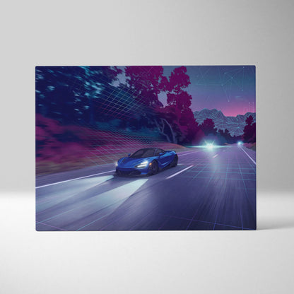 McLaren 765LT Inspired Vaporwave Car Canvas - Vaporwave Car Neon Blue Living Room Retro-Futurism Dreamy Mood Retro Aesthetic Canvas Print