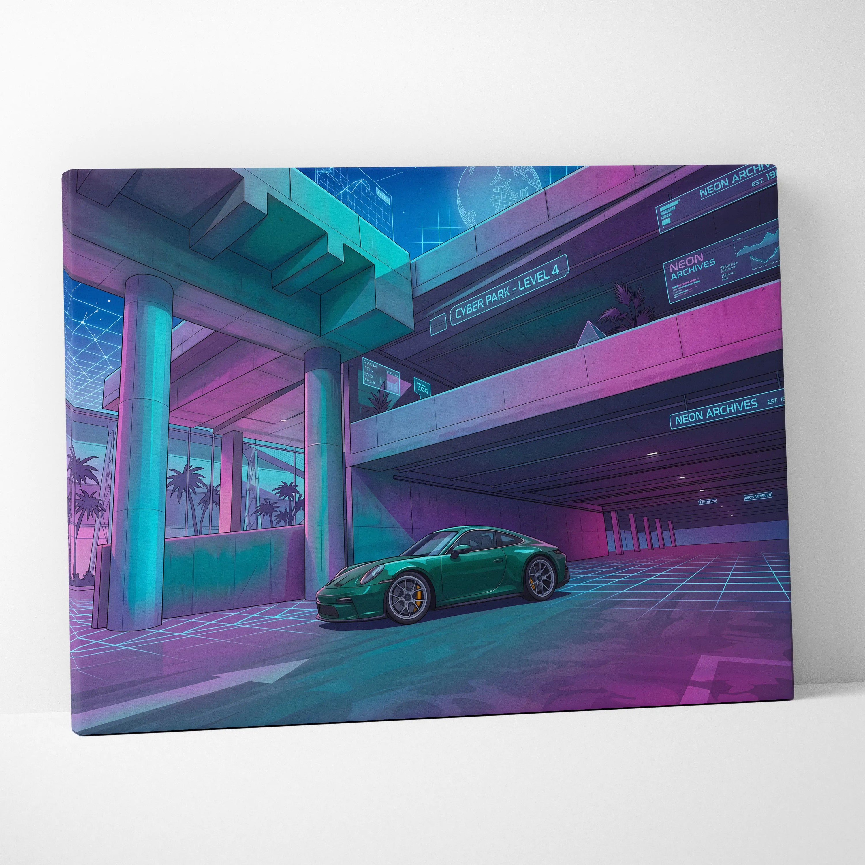 Porsche 911 GT3 Inspired Vaporwave Car Canvas - Car Neon Blues Purple Teal Living Room Vaporwave Futurism Mood Nostalgic Vaporwave Canvas